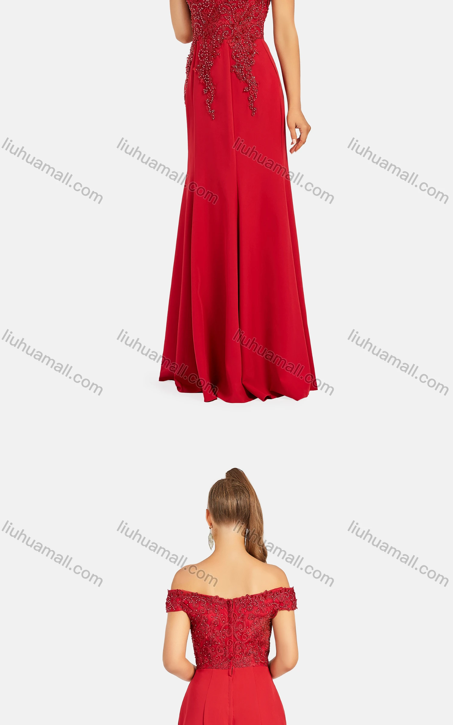 Wholesale Women's Elegant Off Shoulder Pearl Decor Appliques Floor Length Evening Dress 9482# - Liuhuamall
