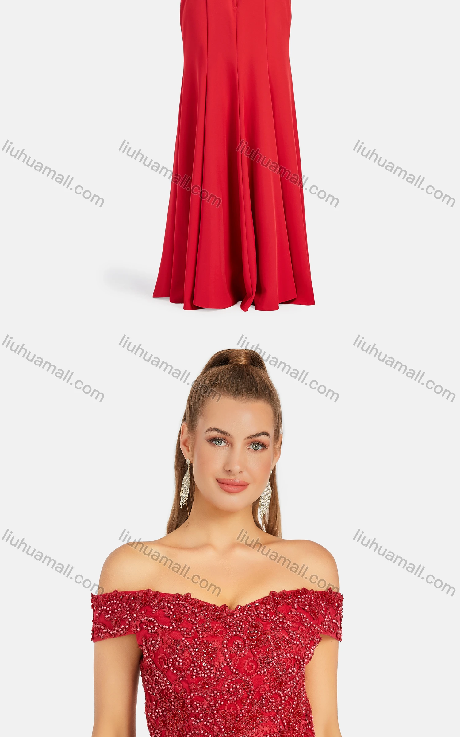 Wholesale Women's Elegant Off Shoulder Pearl Decor Appliques Floor Length Evening Dress 9482# - Liuhuamall