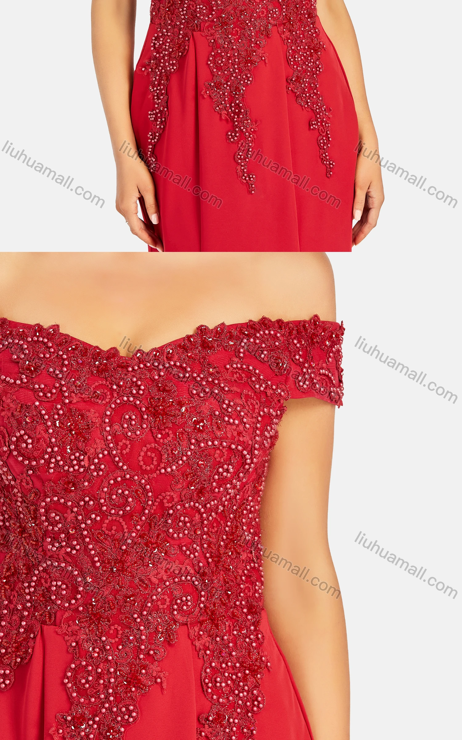 Wholesale Women's Elegant Off Shoulder Pearl Decor Appliques Floor Length Evening Dress 9482# - Liuhuamall