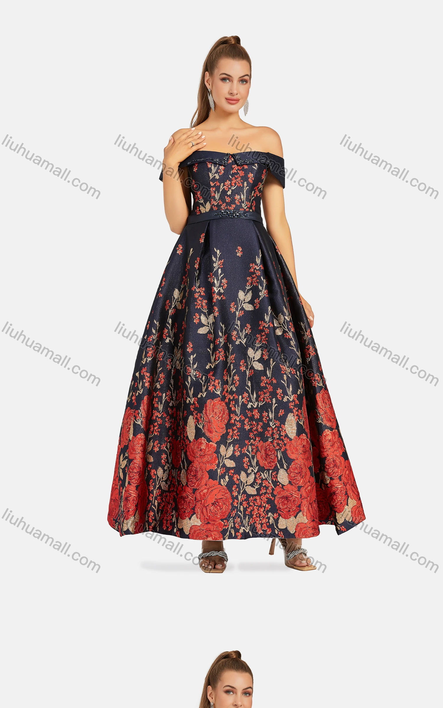 Wholesale Women's Elegant Off Shoulder High Waist Floral Maxi Evening Dress 9486# - Liuhuamall