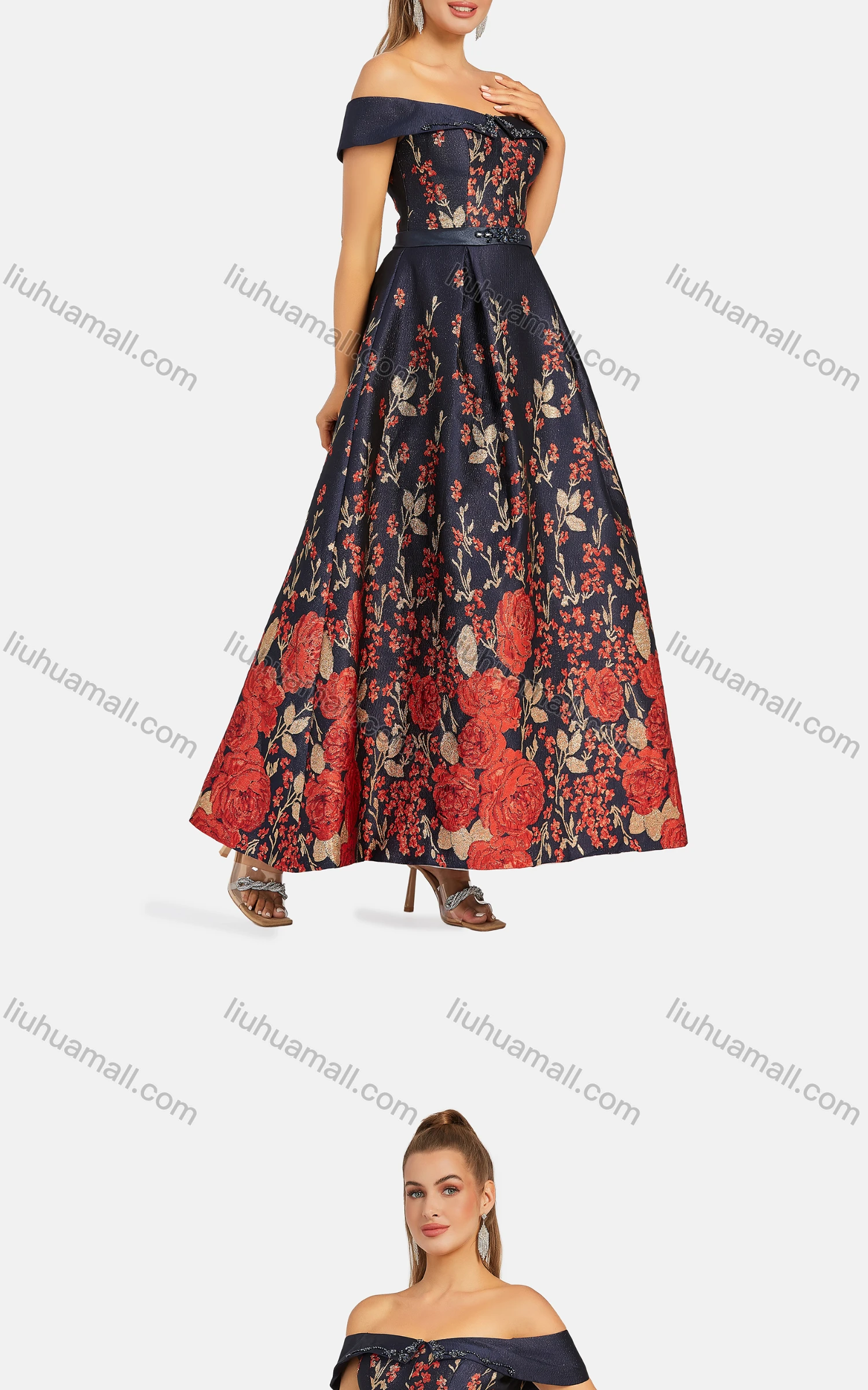 Wholesale Women's Elegant Off Shoulder High Waist Floral Maxi Evening Dress 9486# - Liuhuamall