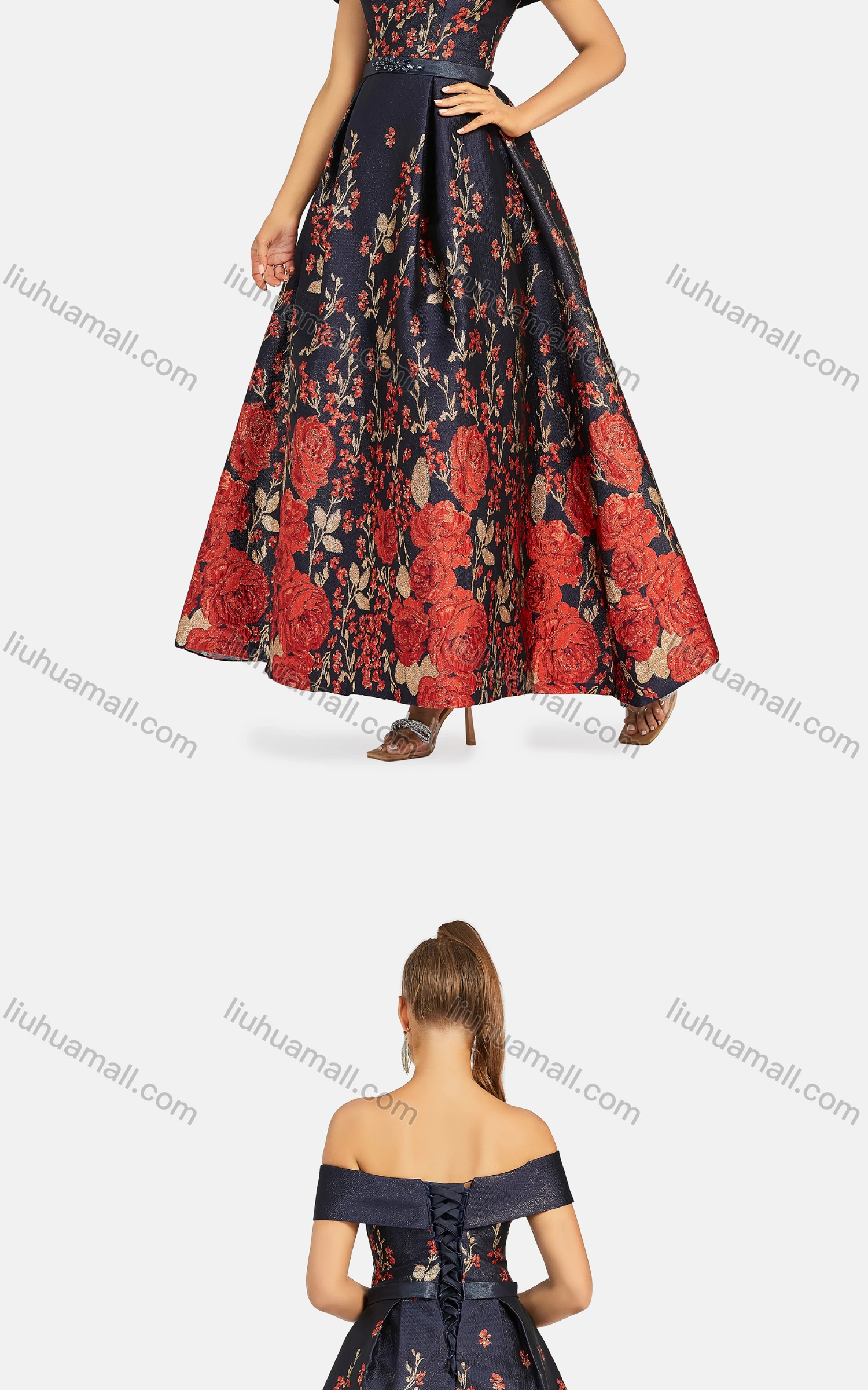 Wholesale Women's Elegant Off Shoulder High Waist Floral Maxi Evening Dress 9486# - Liuhuamall