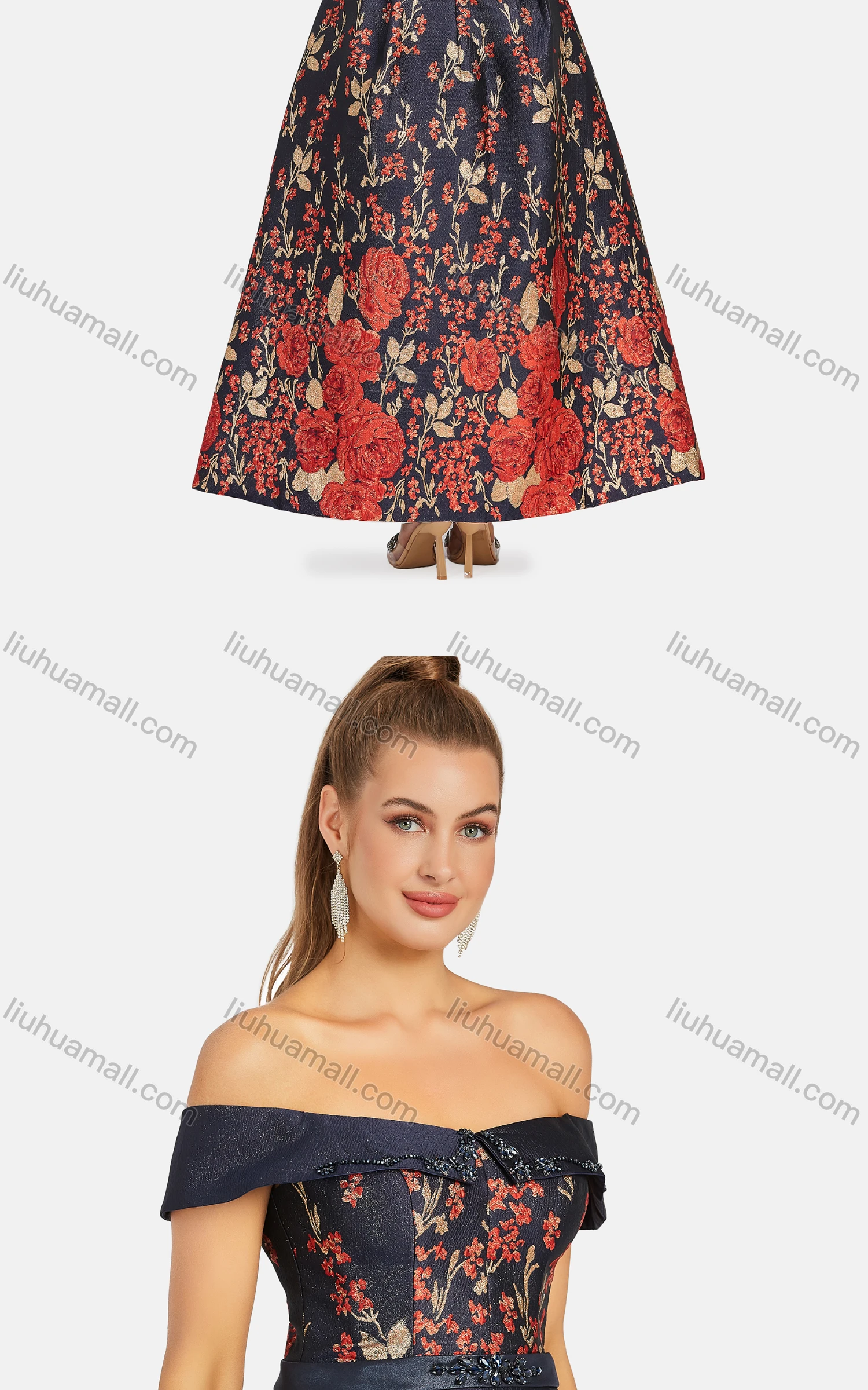 Wholesale Women's Elegant Off Shoulder High Waist Floral Maxi Evening Dress 9486# - Liuhuamall