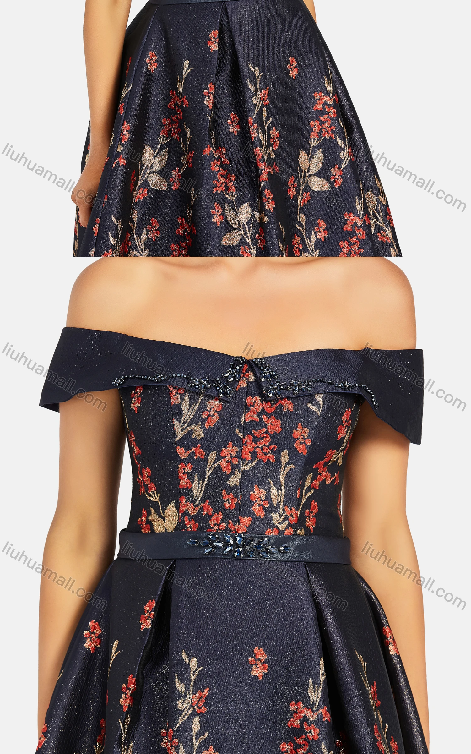 Wholesale Women's Elegant Off Shoulder High Waist Floral Maxi Evening Dress 9486# - Liuhuamall