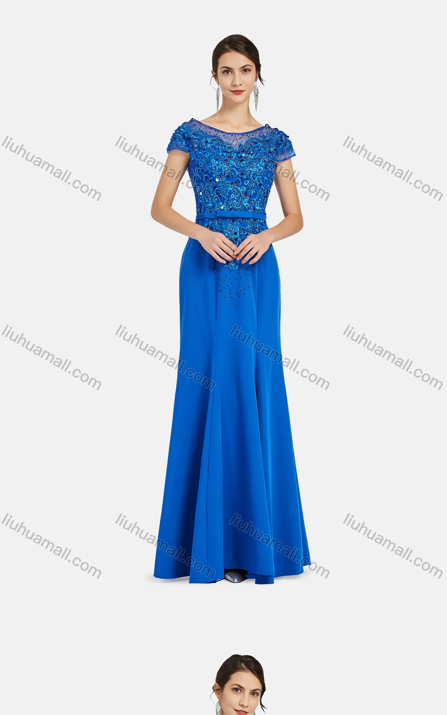 Wholesale Women's Elegant Cap Appliques Pearl Decor Floor Length Evening Dress 9473# - Liuhuamall