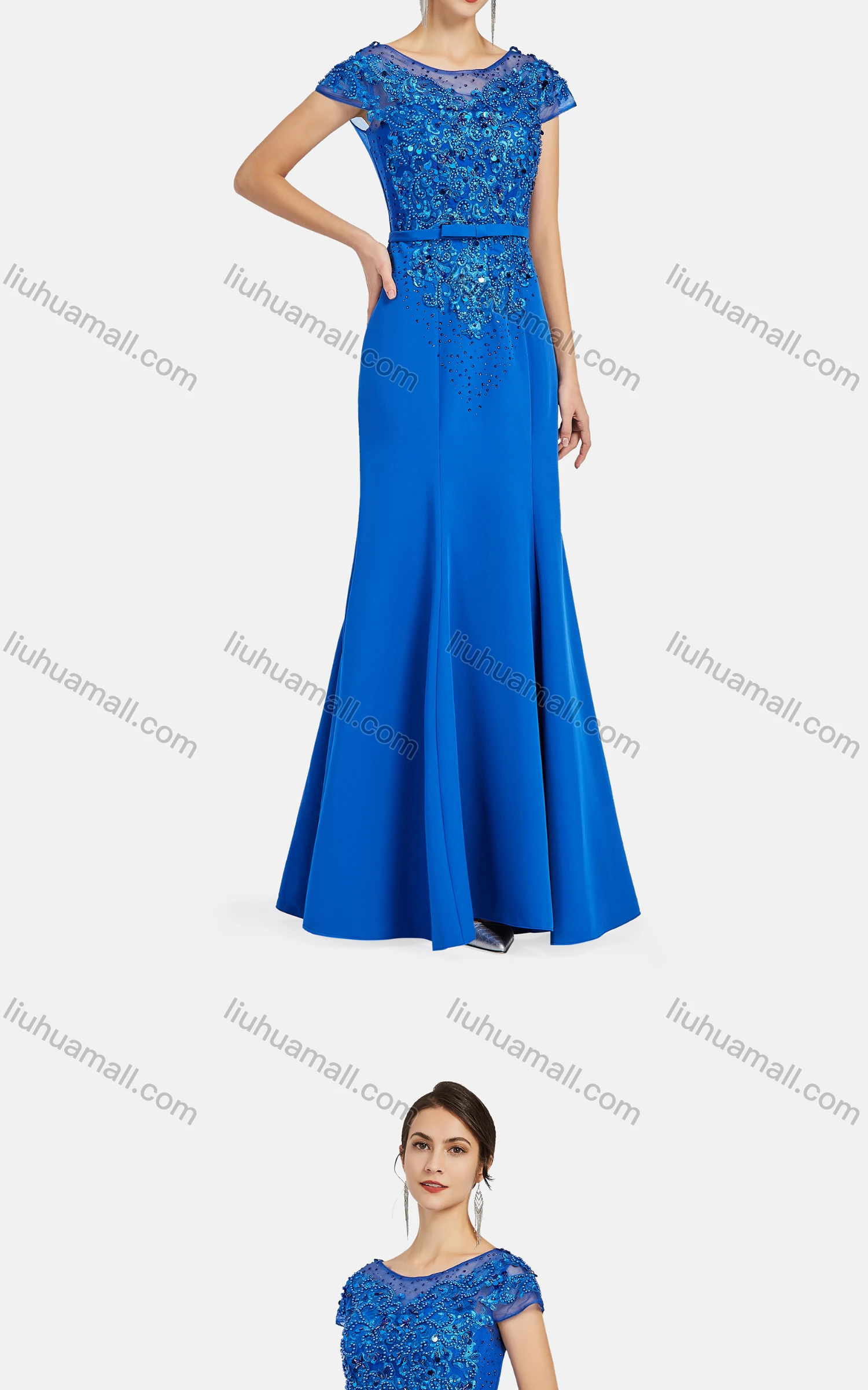 Wholesale Women's Elegant Cap Appliques Pearl Decor Floor Length Evening Dress 9473# - Liuhuamall