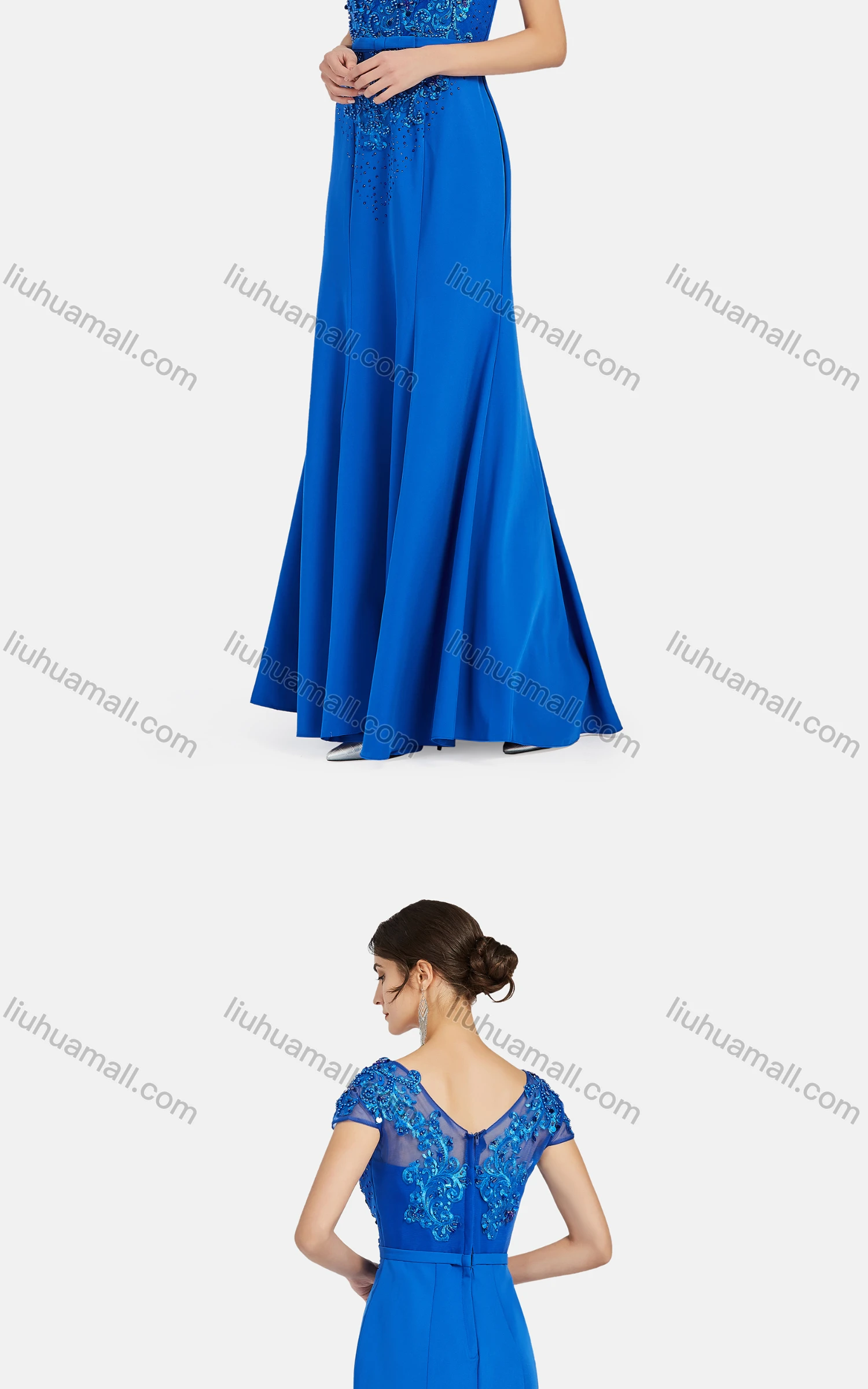 Wholesale Women's Elegant Cap Appliques Pearl Decor Floor Length Evening Dress 9473# - Liuhuamall