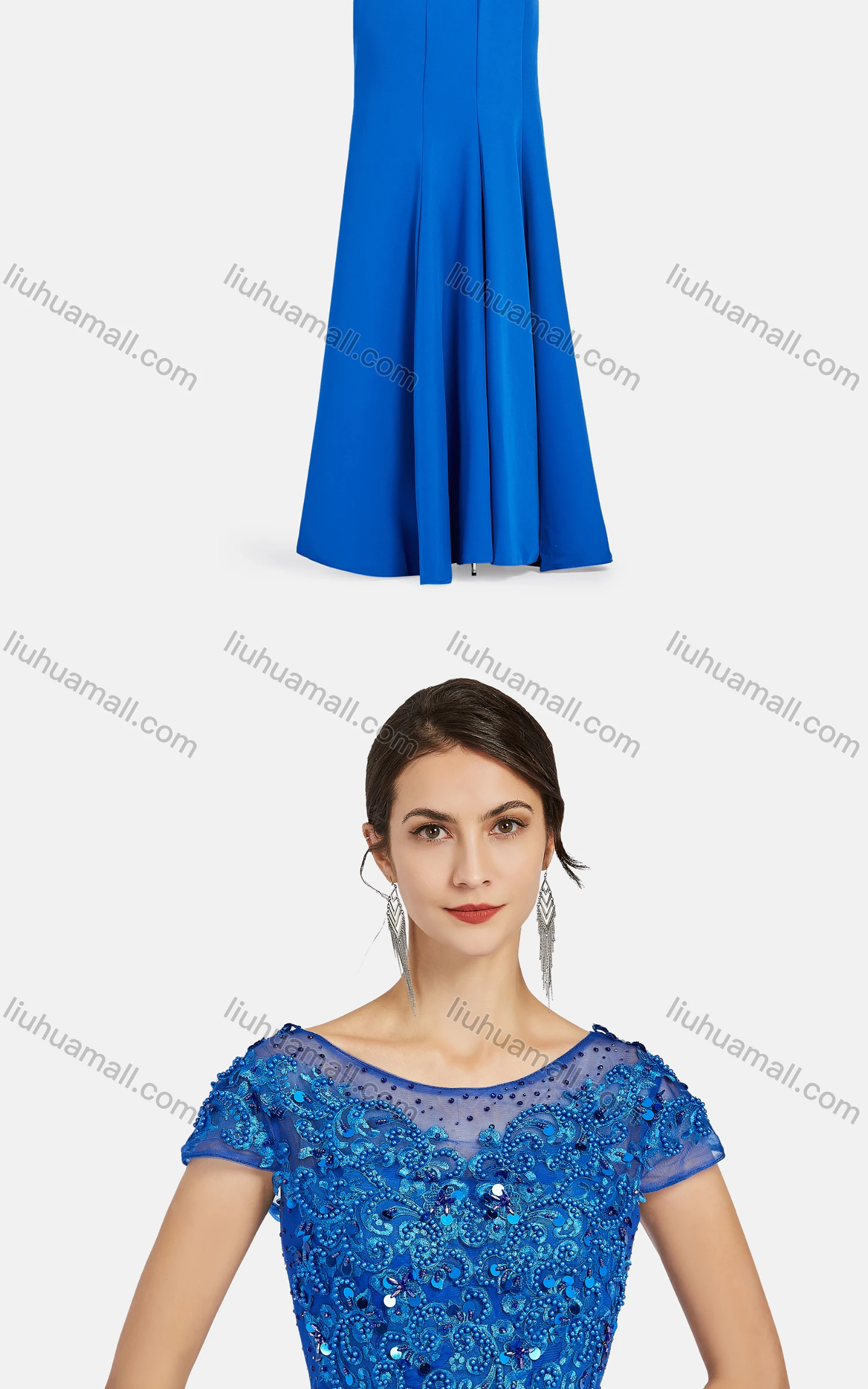 Wholesale Women's Elegant Cap Appliques Pearl Decor Floor Length Evening Dress 9473# - Liuhuamall