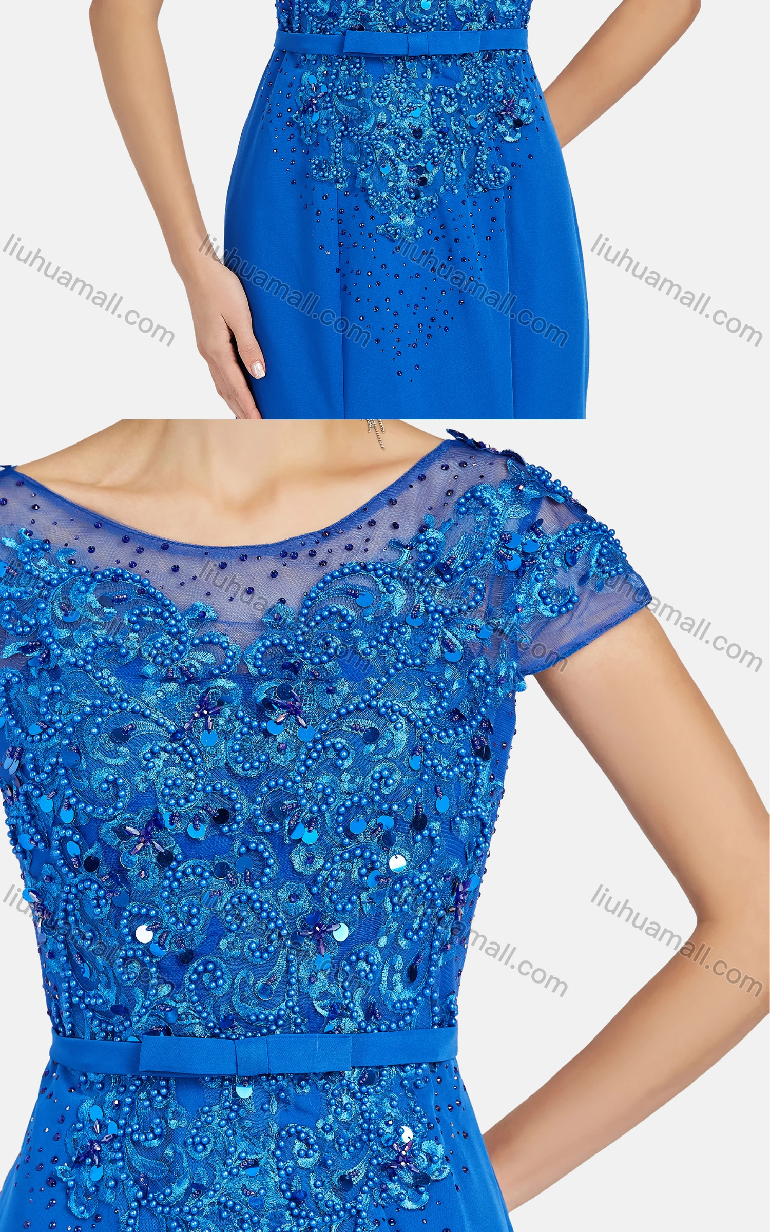 Wholesale Women's Elegant Cap Appliques Pearl Decor Floor Length Evening Dress 9473# - Liuhuamall