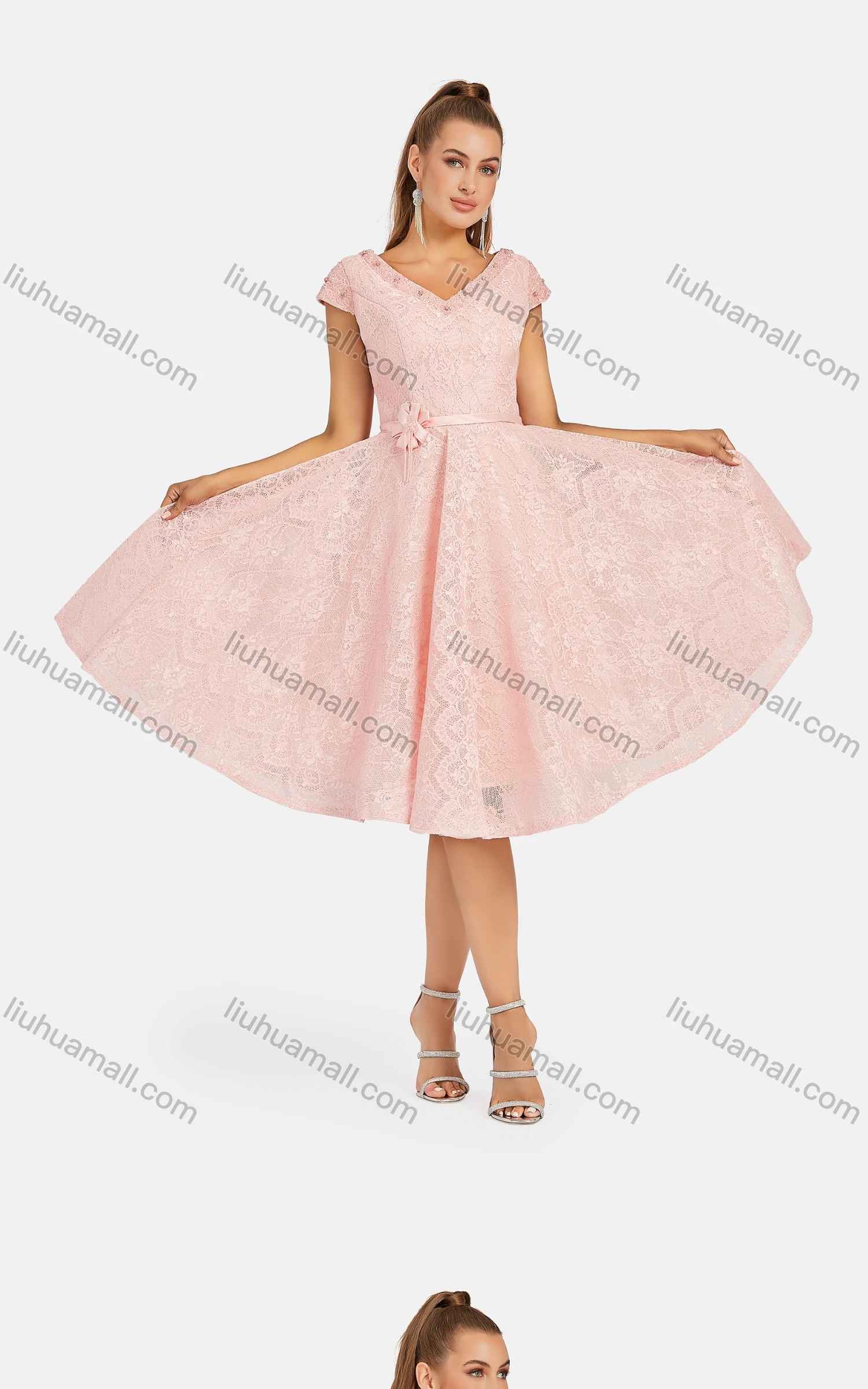 Wholesale Women's Elegant V Neck Cap Zip Back Knee Length Lace Evening Dress 8388# - Liuhuamall