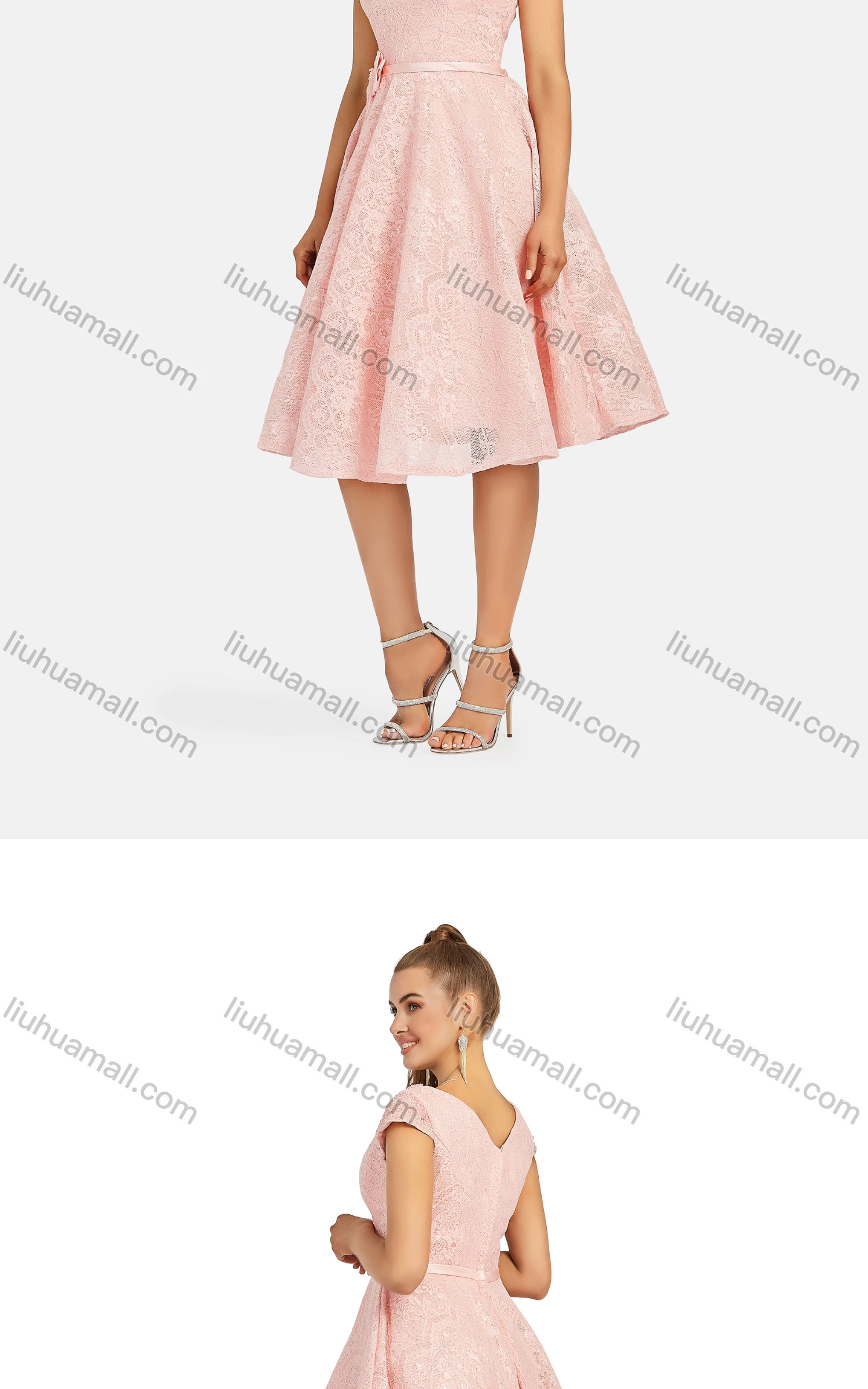Wholesale Women's Elegant V Neck Cap Zip Back Knee Length Lace Evening Dress 8388# - Liuhuamall