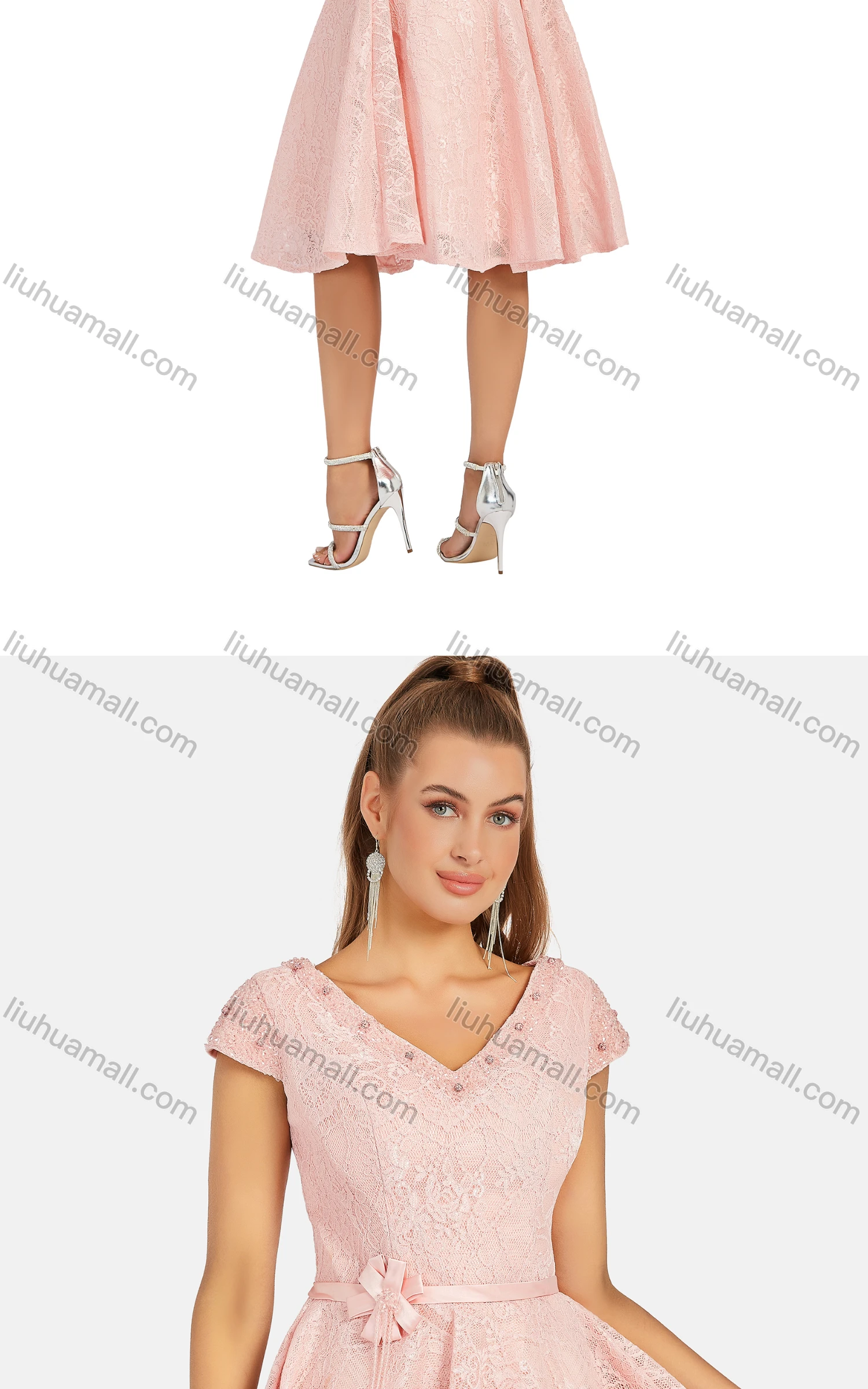 Wholesale Women's Elegant V Neck Cap Zip Back Knee Length Lace Evening Dress 8388# - Liuhuamall