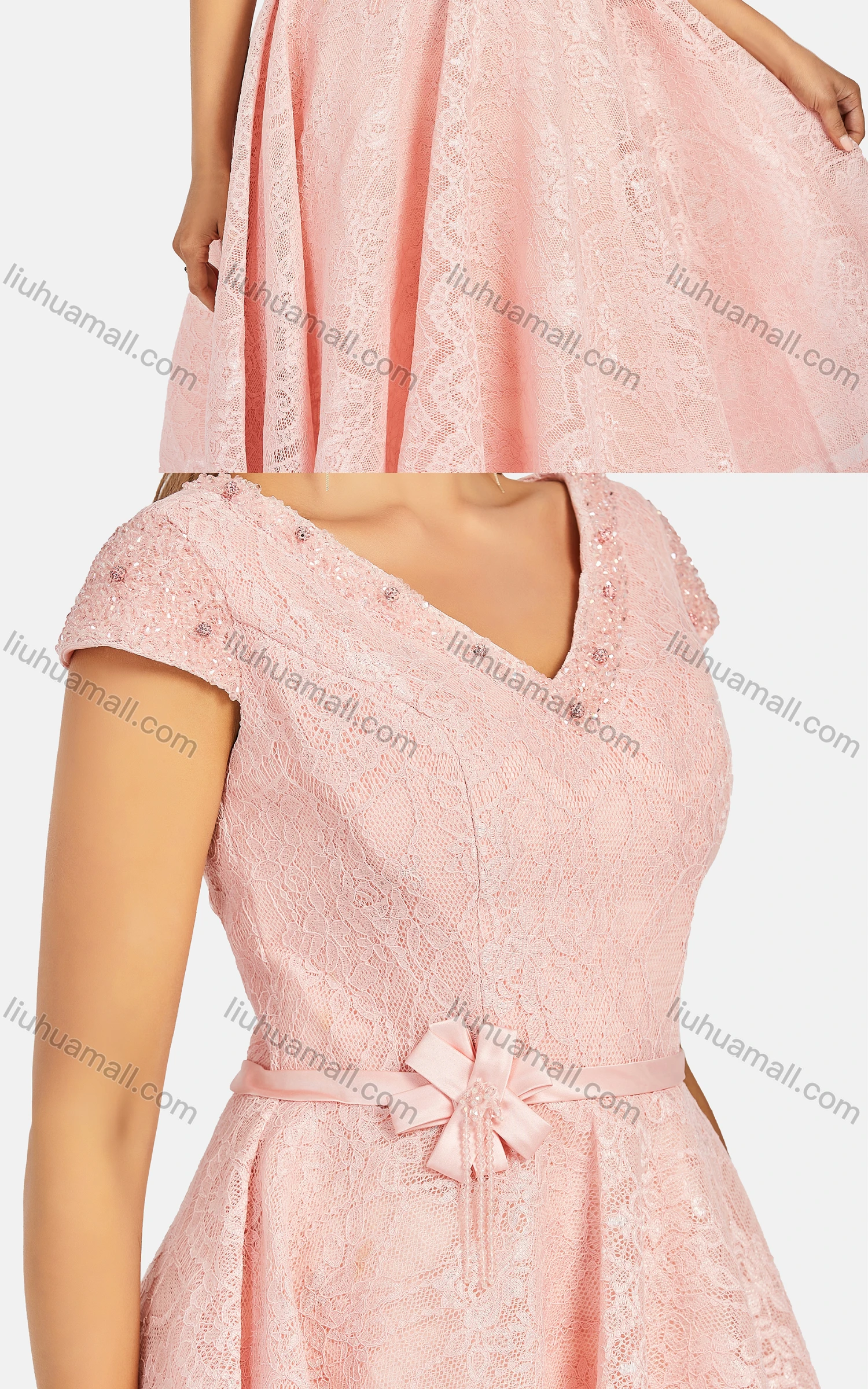 Wholesale Women's Elegant V Neck Cap Zip Back Knee Length Lace Evening Dress 8388# - Liuhuamall