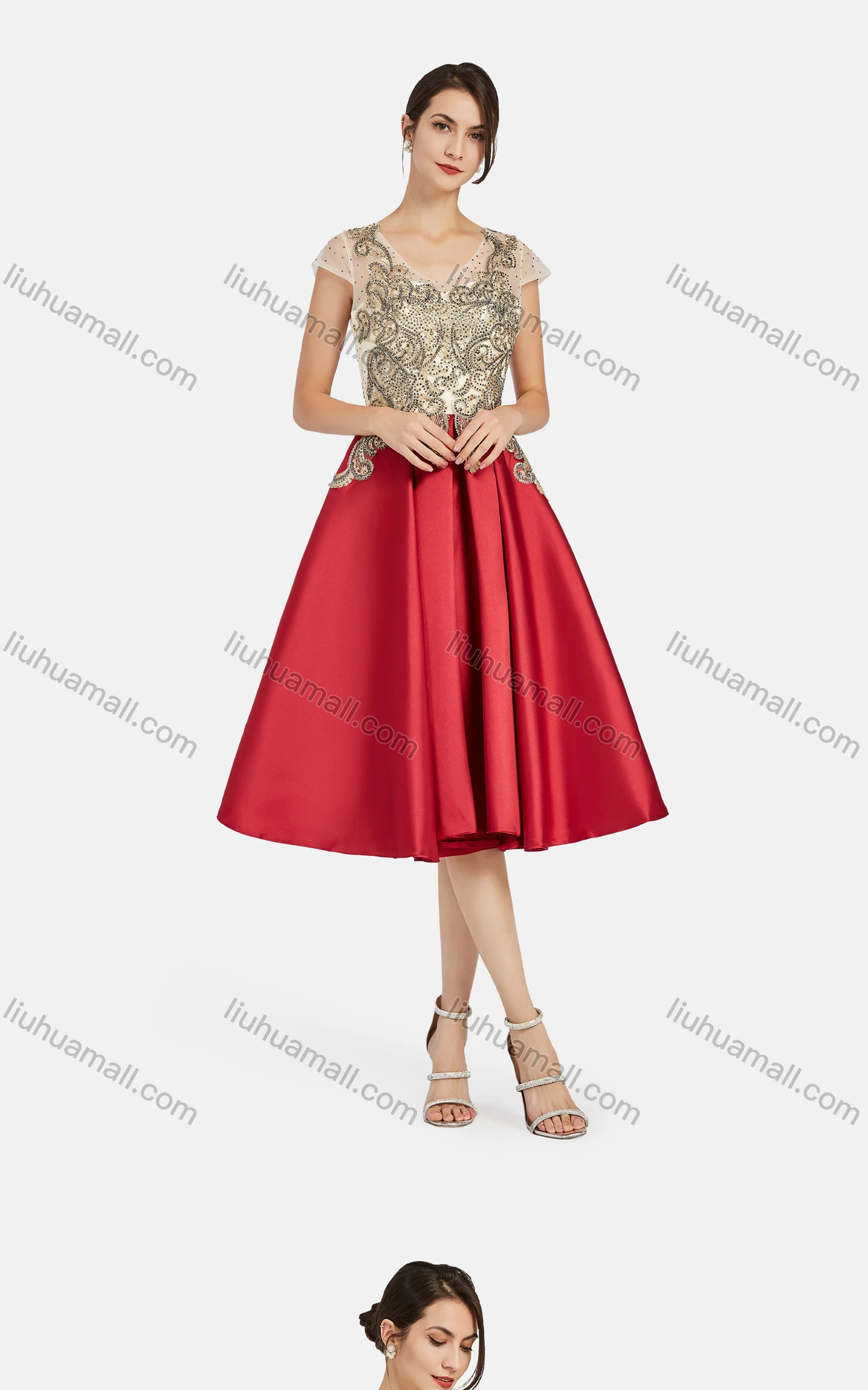 Wholesale Women's Elegant Appliques Rhinestone Knee Length Colorblock Lace Evening Dress 8491# - Liuhuamall