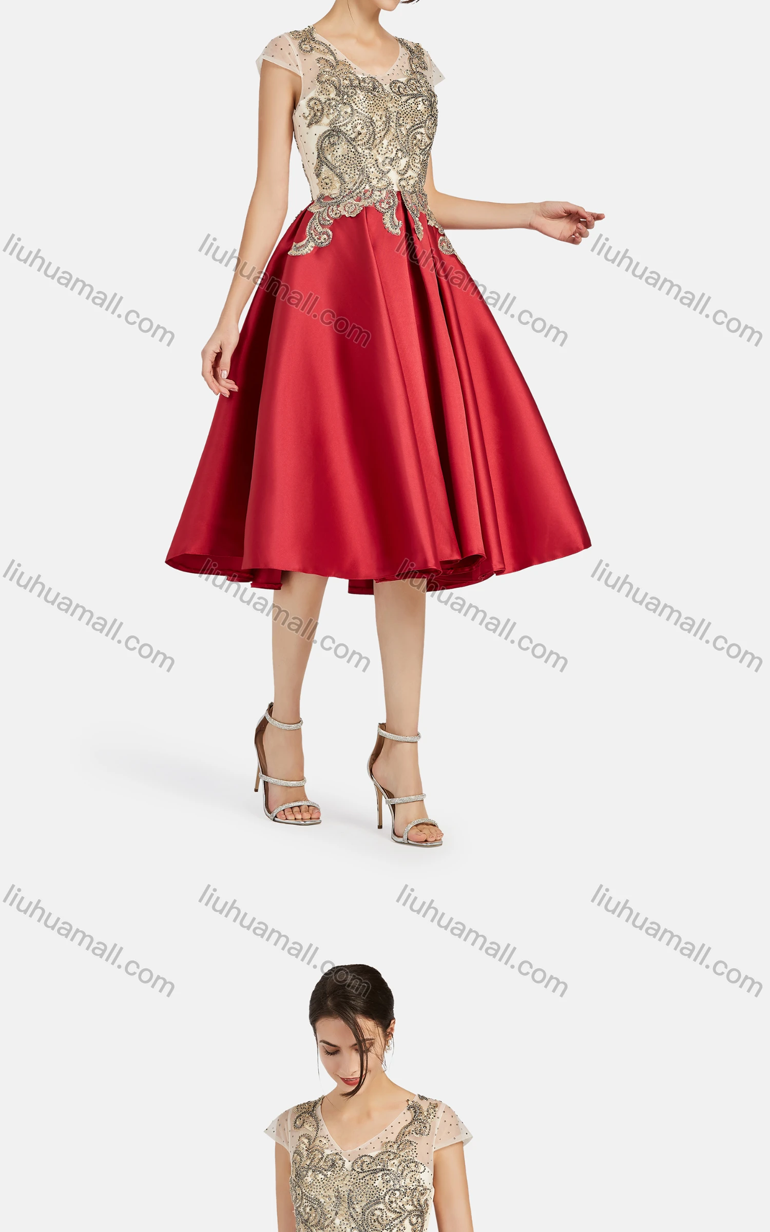 Wholesale Women's Elegant Appliques Rhinestone Knee Length Colorblock Lace Evening Dress 8491# - Liuhuamall