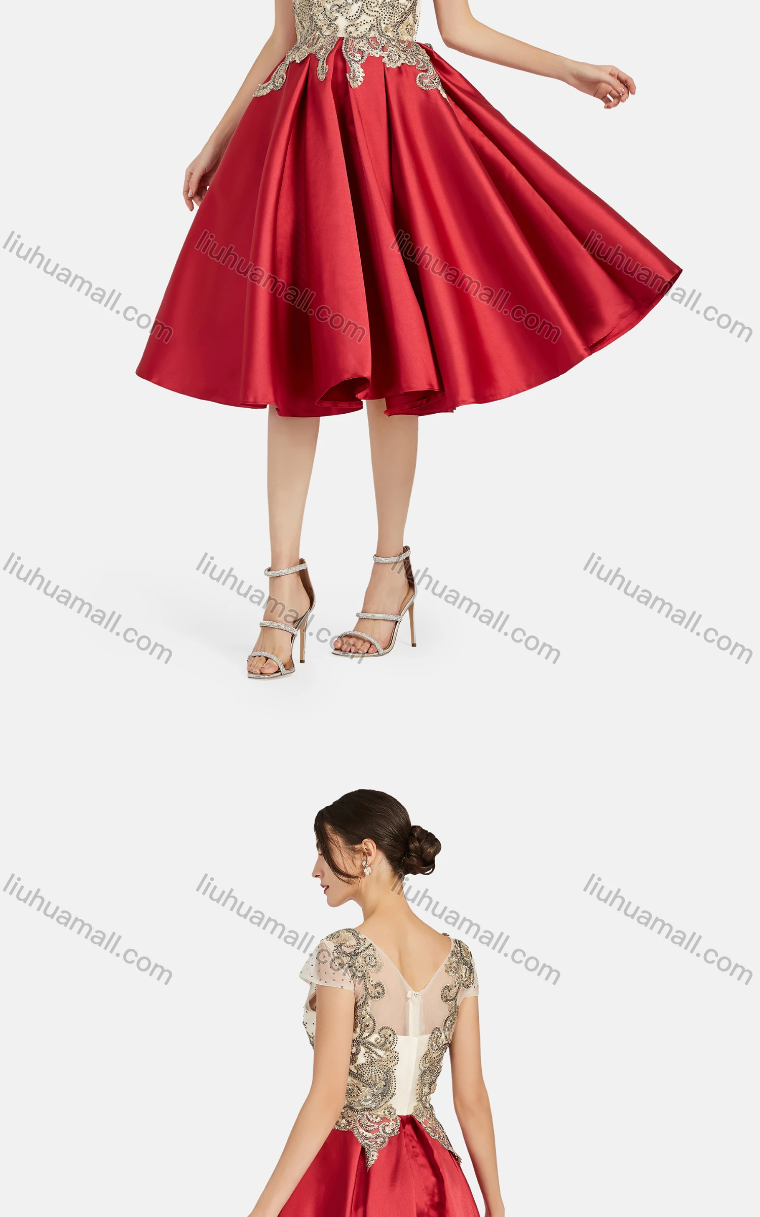 Wholesale Women's Elegant Appliques Rhinestone Knee Length Colorblock Lace Evening Dress 8491# - Liuhuamall