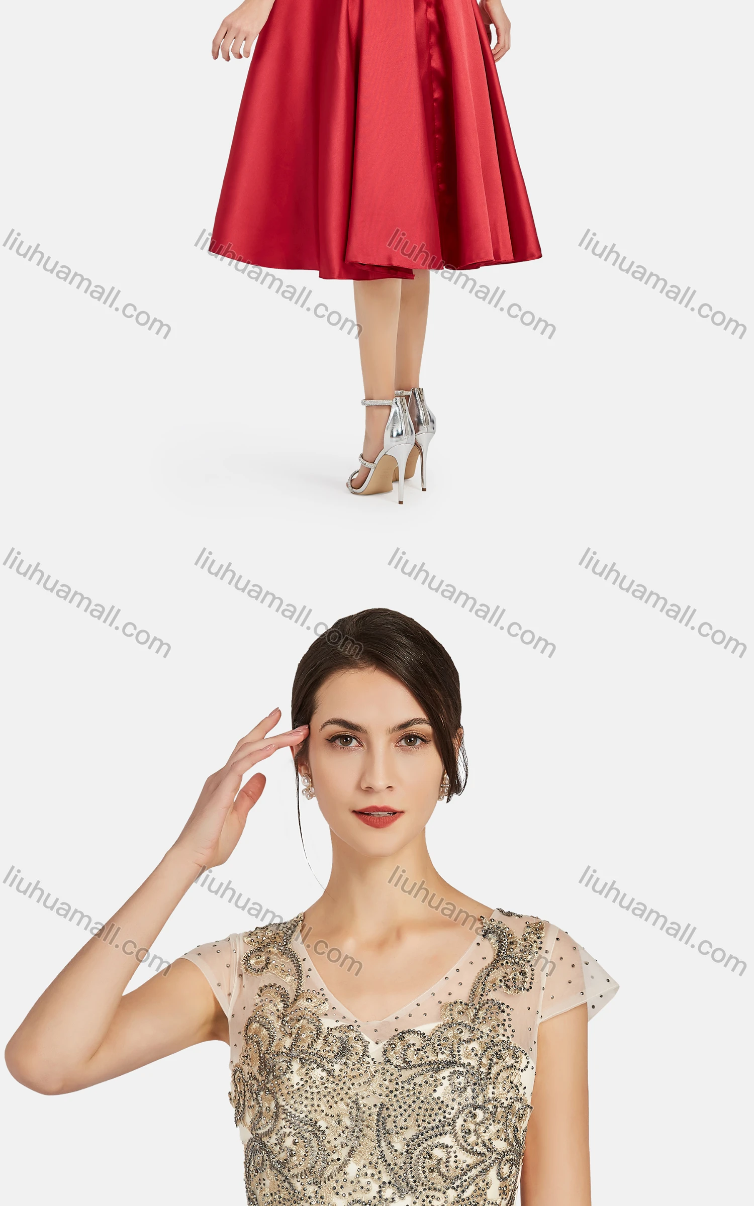 Wholesale Women's Elegant Appliques Rhinestone Knee Length Colorblock Lace Evening Dress 8491# - Liuhuamall