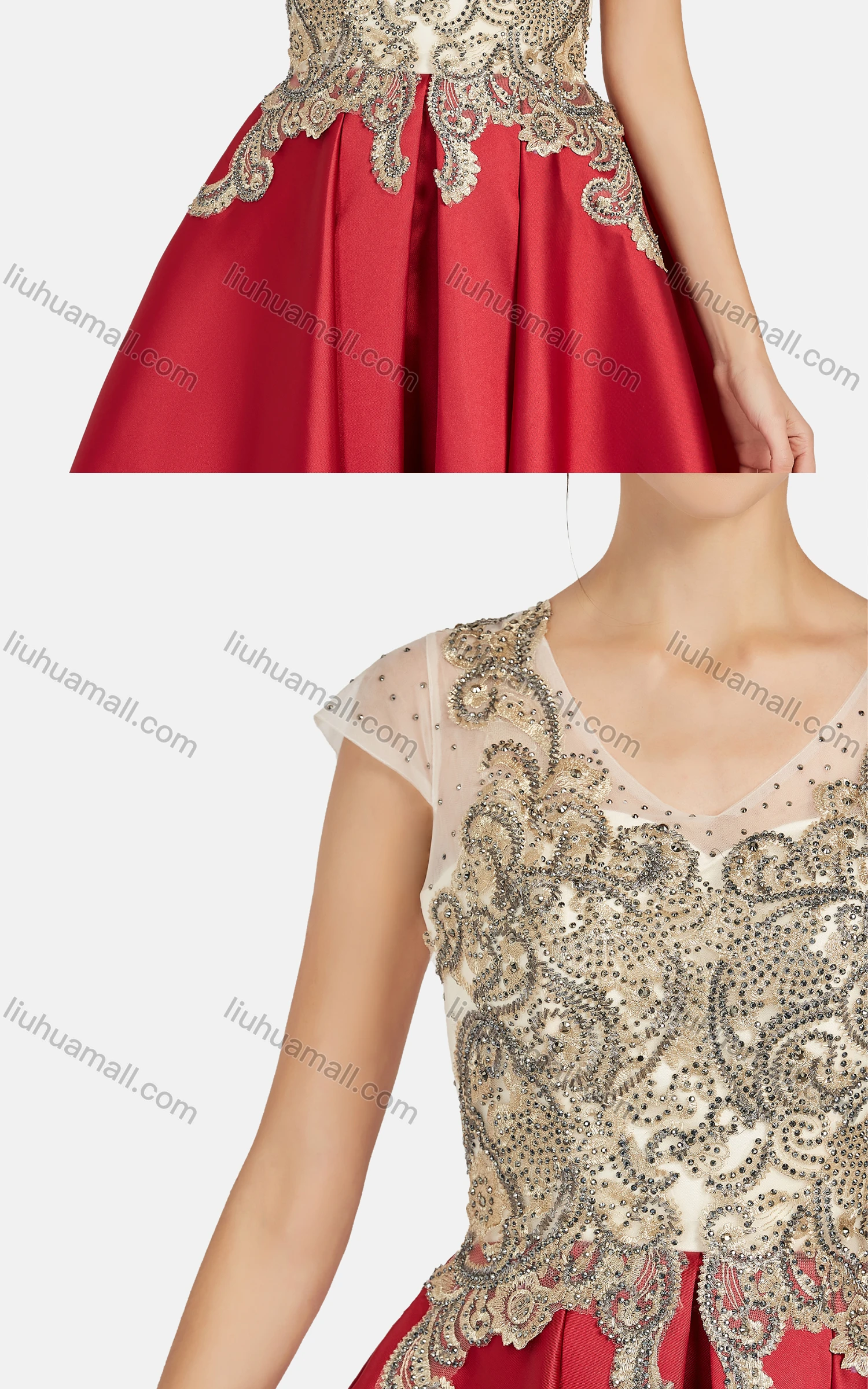 Wholesale Women's Elegant Appliques Rhinestone Knee Length Colorblock Lace Evening Dress 8491# - Liuhuamall