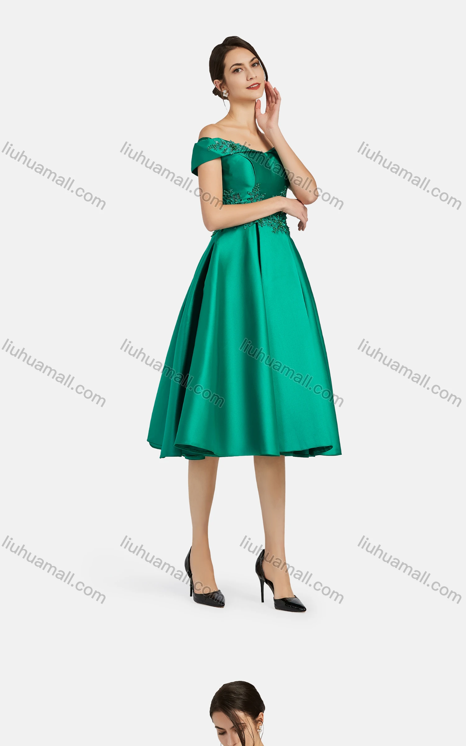 Wholesale Women's Elegant Off Shoulder Appliques Pearl Decor Knee Length Plain Evening Dress 8376# - Liuhuamall