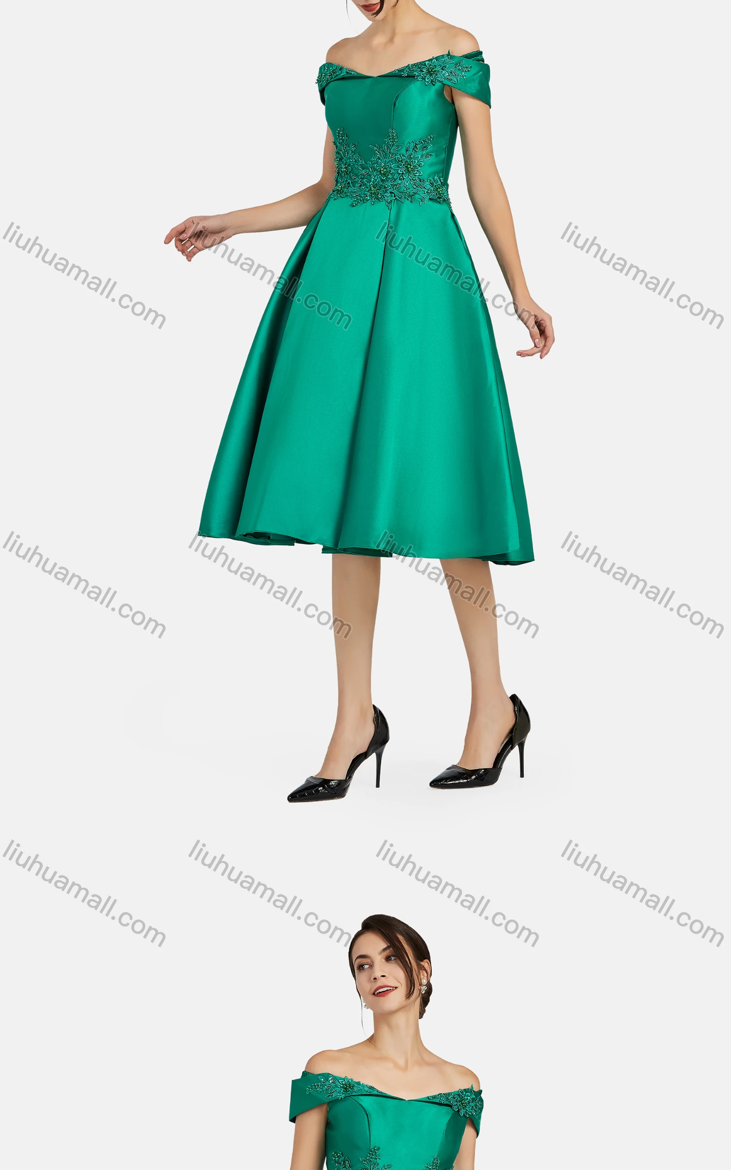 Wholesale Women's Elegant Off Shoulder Appliques Pearl Decor Knee Length Plain Evening Dress 8376# - Liuhuamall