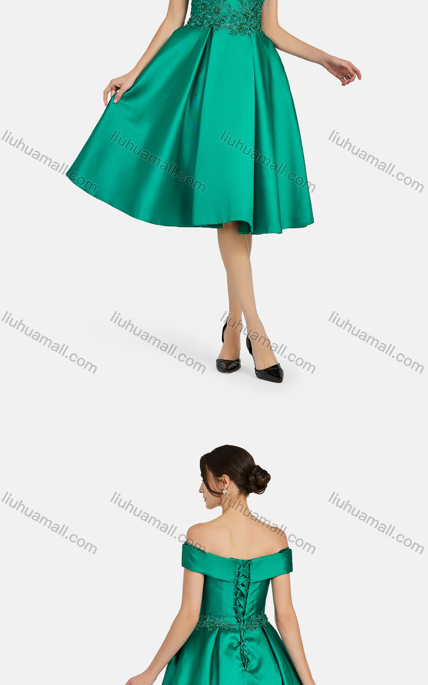 Wholesale Women's Elegant Off Shoulder Appliques Pearl Decor Knee Length Plain Evening Dress 8376# - Liuhuamall