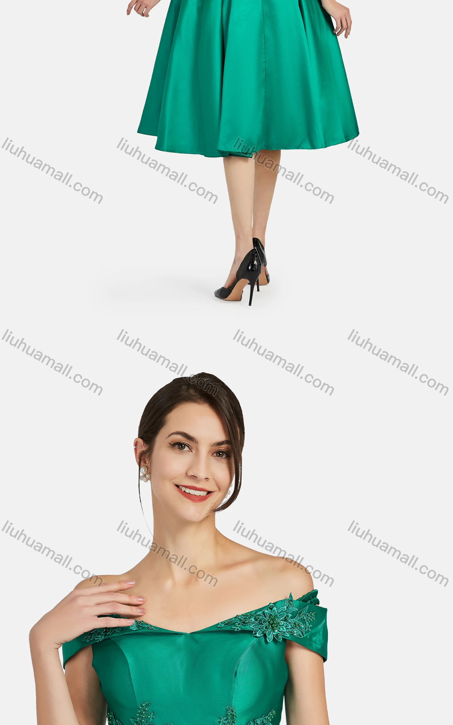 Wholesale Women's Elegant Off Shoulder Appliques Pearl Decor Knee Length Plain Evening Dress 8376# - Liuhuamall