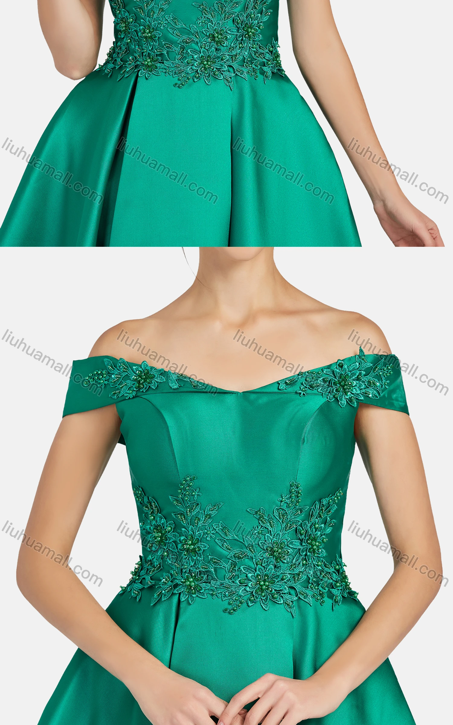 Wholesale Women's Elegant Off Shoulder Appliques Pearl Decor Knee Length Plain Evening Dress 8376# - Liuhuamall