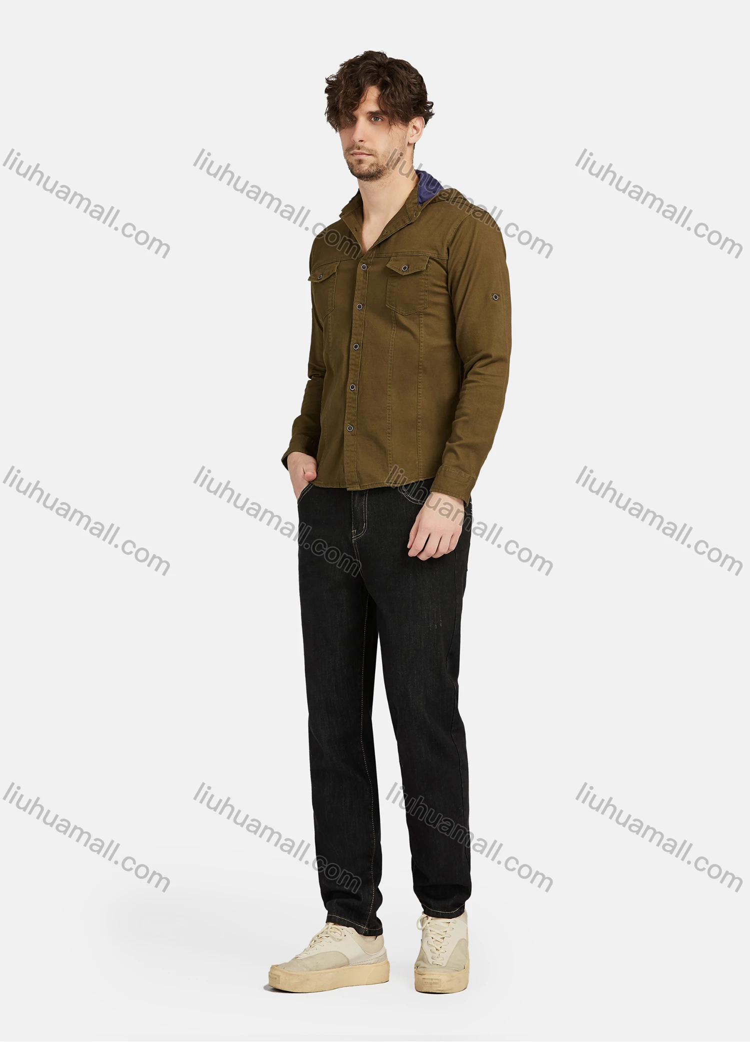 Wholesale Men's Casual Plain 100% Cotton Long Sleeve Button Down Flap Pockets Hooded Shirts - Liuhuamall