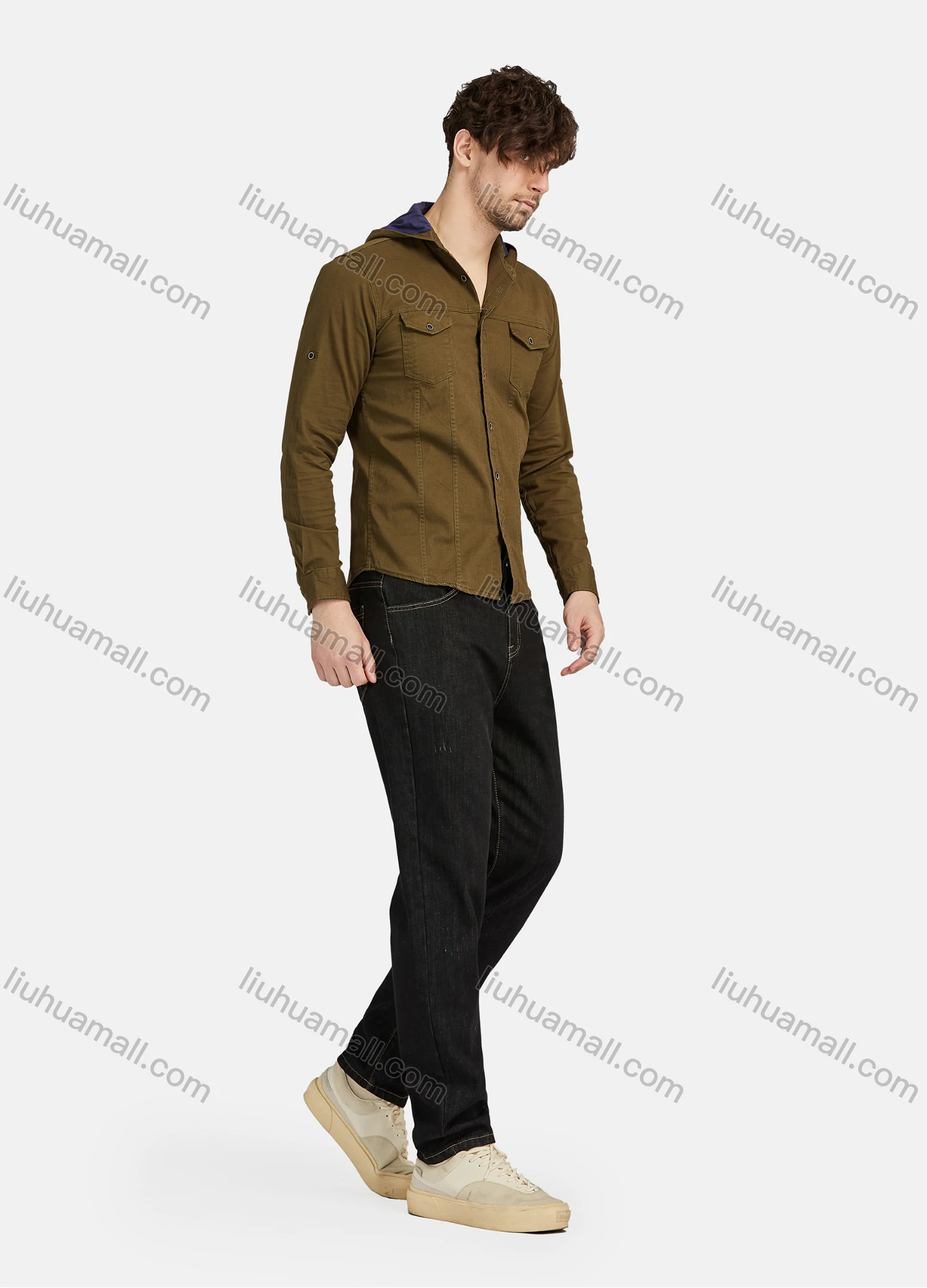 Wholesale Men's Casual Plain 100% Cotton Long Sleeve Button Down Flap Pockets Hooded Shirts - Liuhuamall