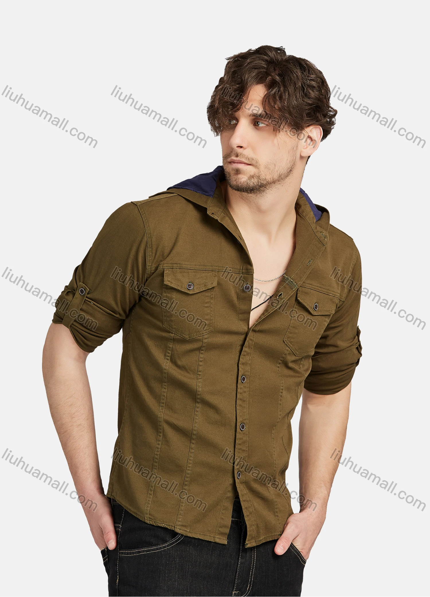 Wholesale Men's Casual Plain 100% Cotton Long Sleeve Button Down Flap Pockets Hooded Shirts - Liuhuamall