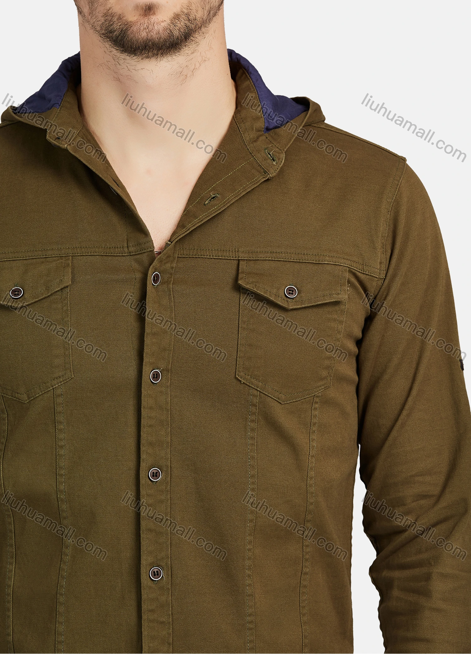 Wholesale Men's Casual Plain 100% Cotton Long Sleeve Button Down Flap Pockets Hooded Shirts - Liuhuamall