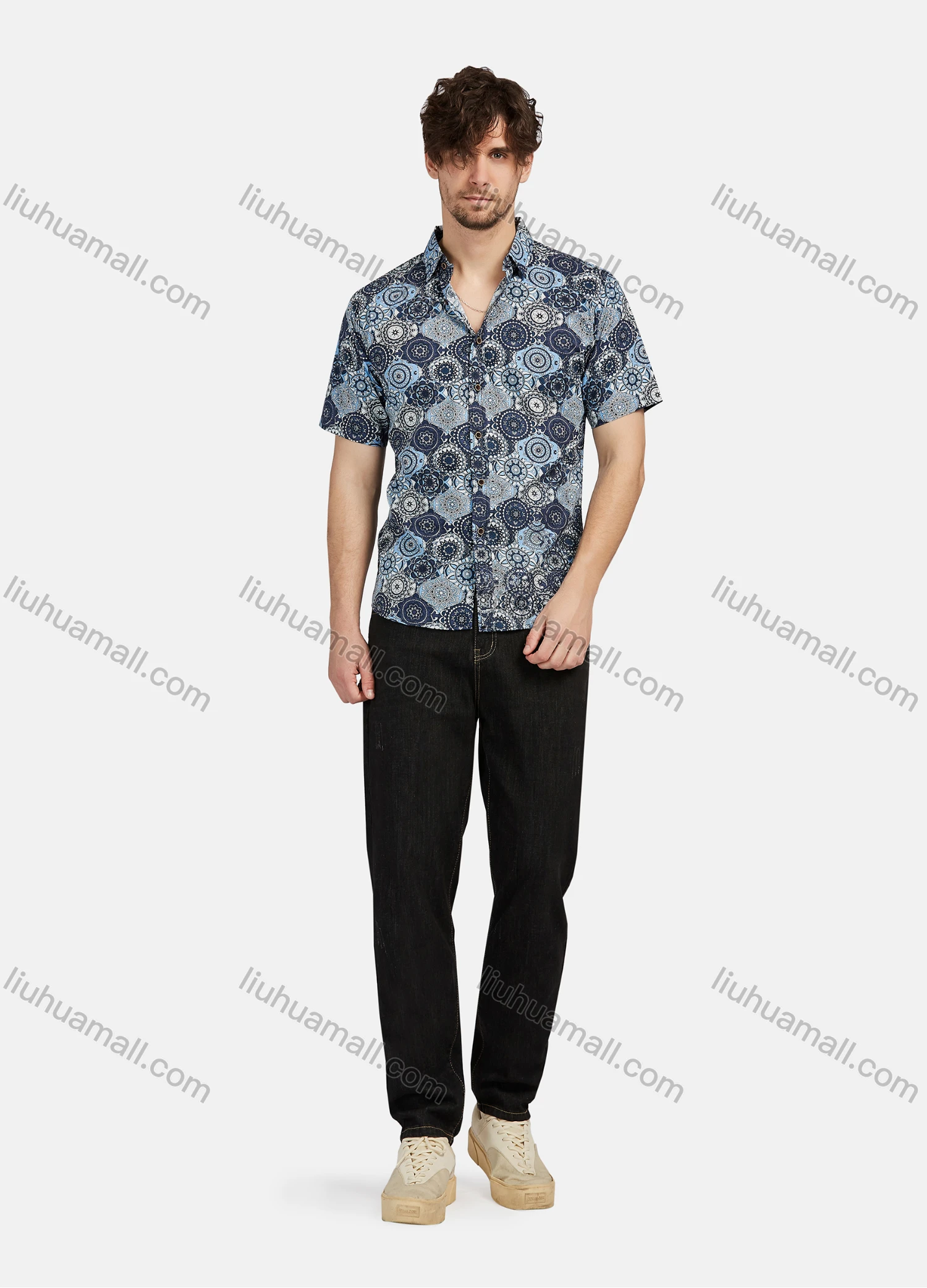 Wholesale Men's Casual 100% Cotton Bohemian Style Allover Print Shrot Sleeve Button Down Shirts - Liuhuamall