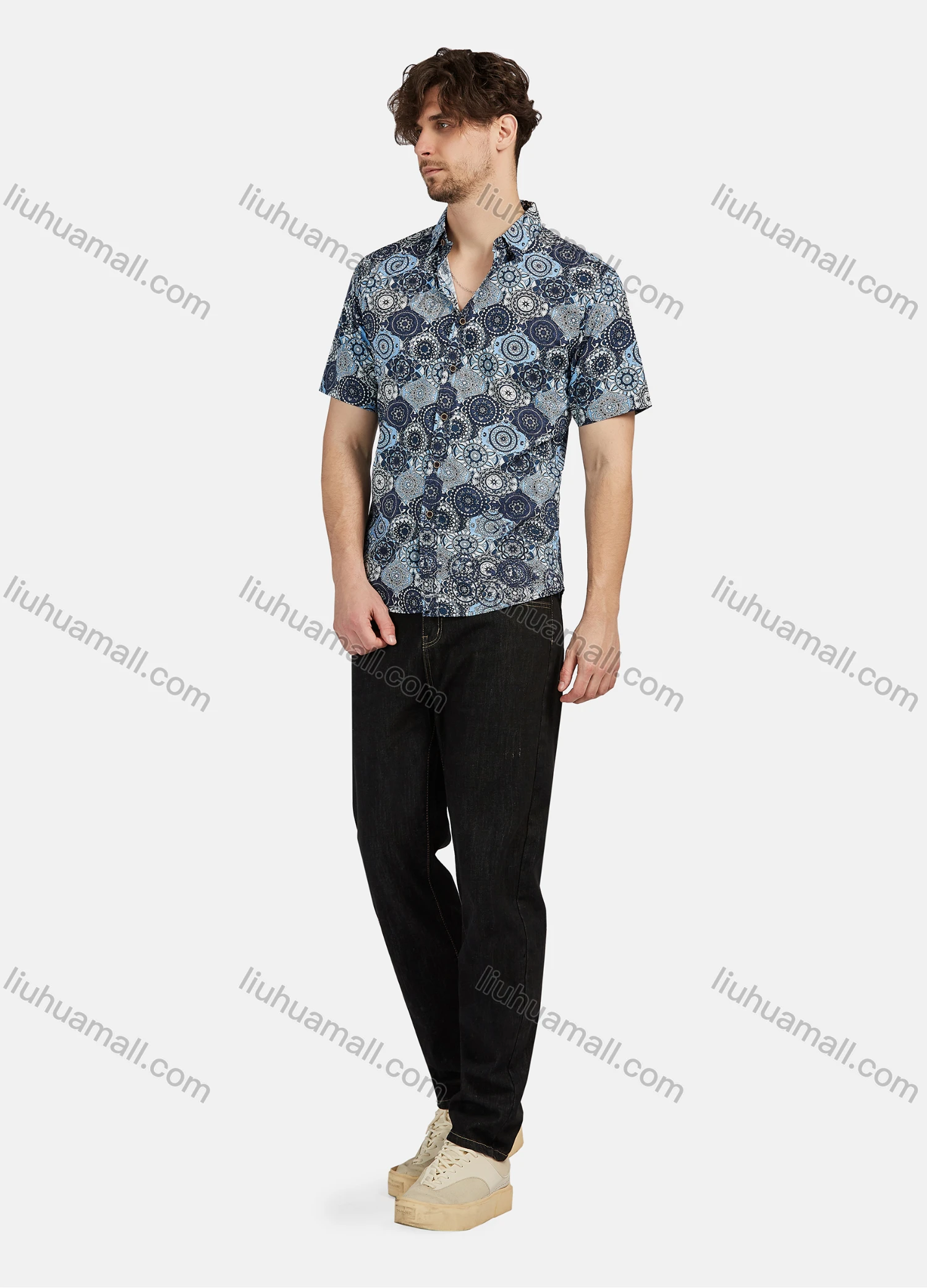 Wholesale Men's Casual 100% Cotton Bohemian Style Allover Print Shrot Sleeve Button Down Shirts - Liuhuamall