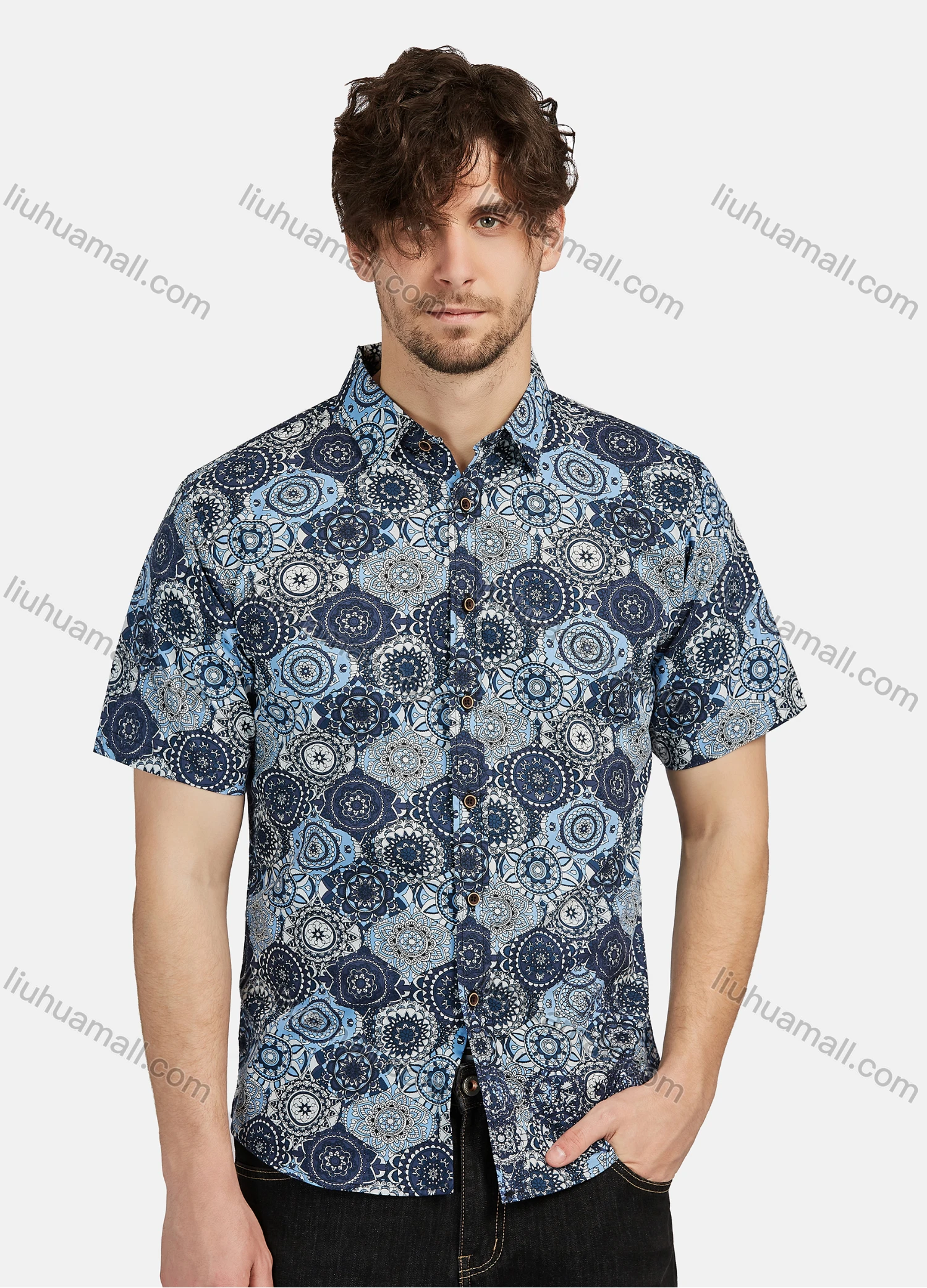 Wholesale Men's Casual 100% Cotton Bohemian Style Allover Print Shrot Sleeve Button Down Shirts - Liuhuamall