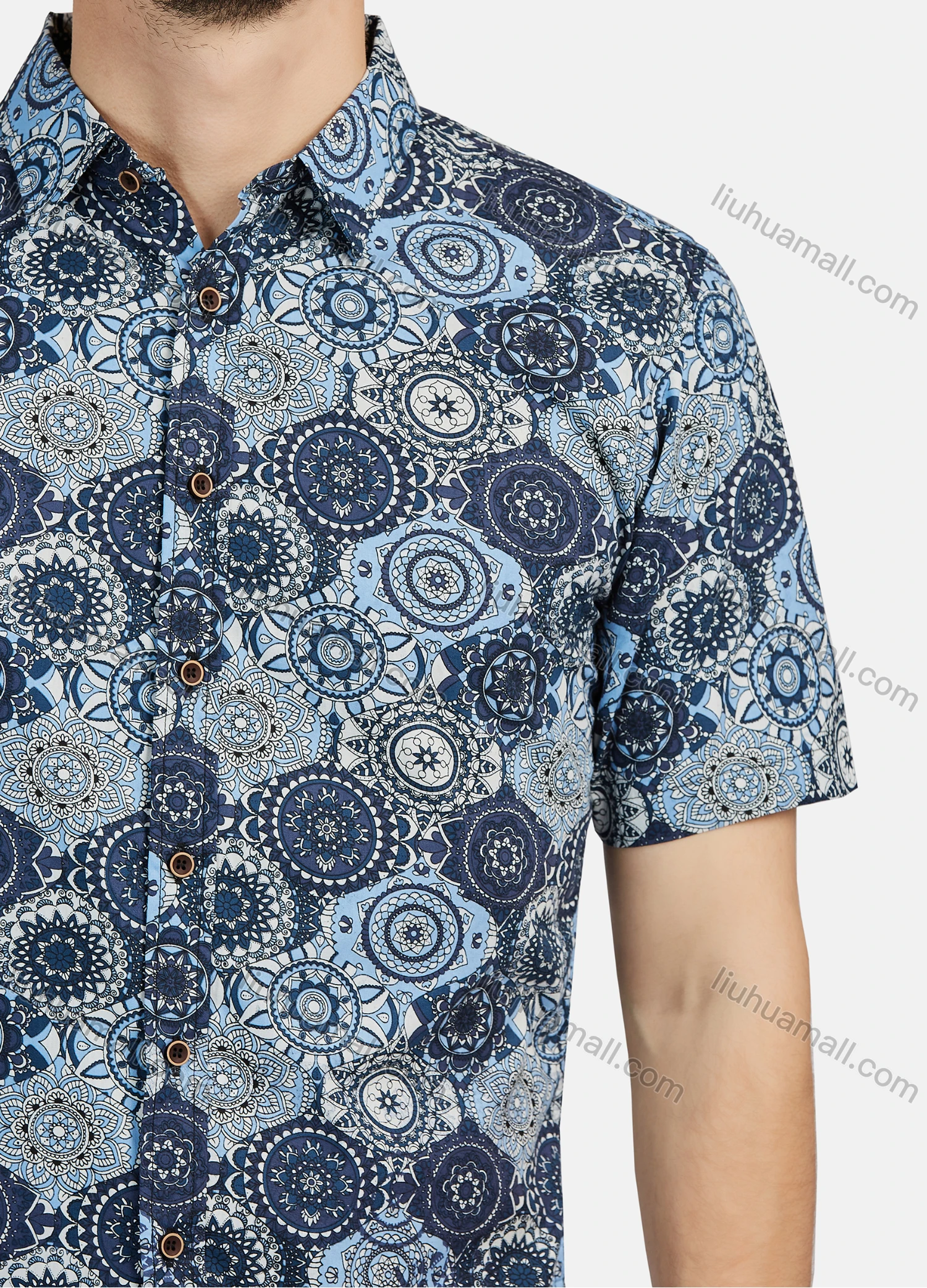 Wholesale Men's Casual 100% Cotton Bohemian Style Allover Print Shrot Sleeve Button Down Shirts - Liuhuamall
