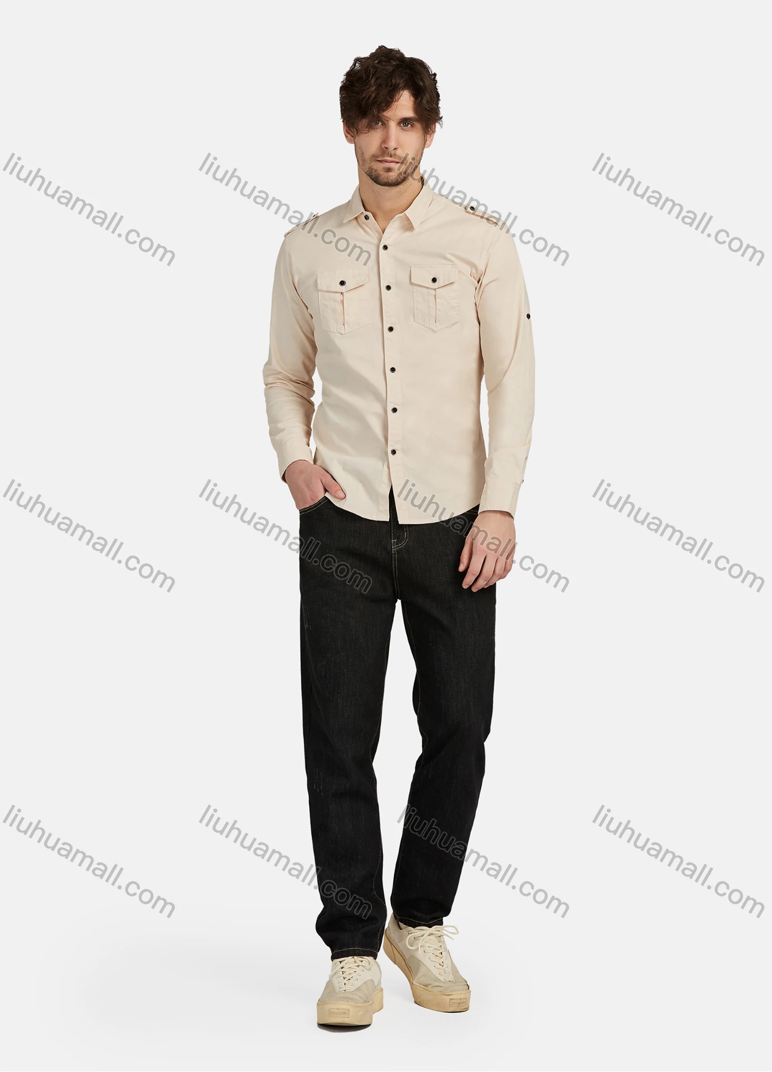 Wholesale Men's Casual Plain 100% Cotton Long Sleeve Button Down Flap Pockets Shirts - Liuhuamall