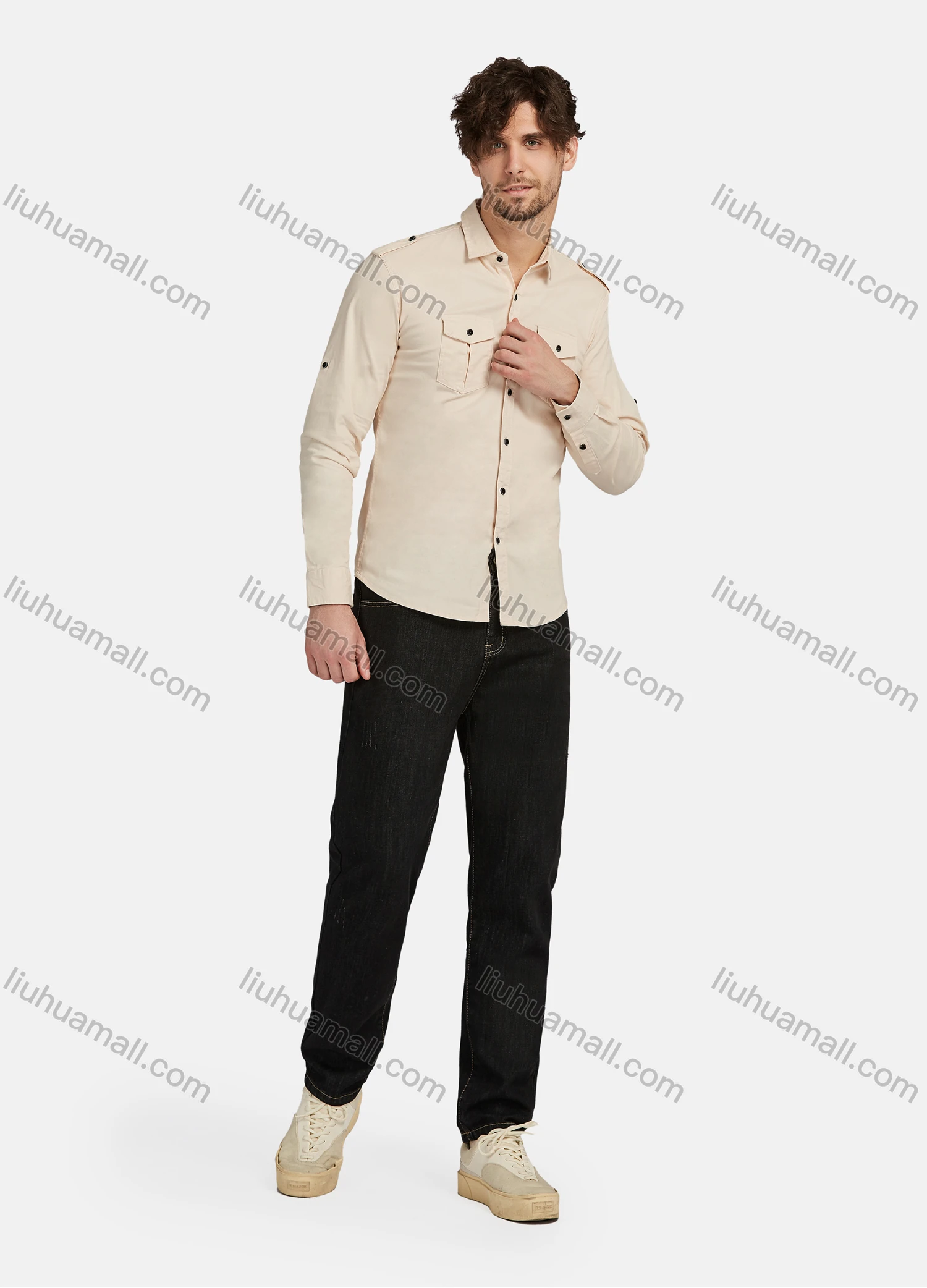 Wholesale Men's Casual Plain 100% Cotton Long Sleeve Button Down Flap Pockets Shirts - Liuhuamall