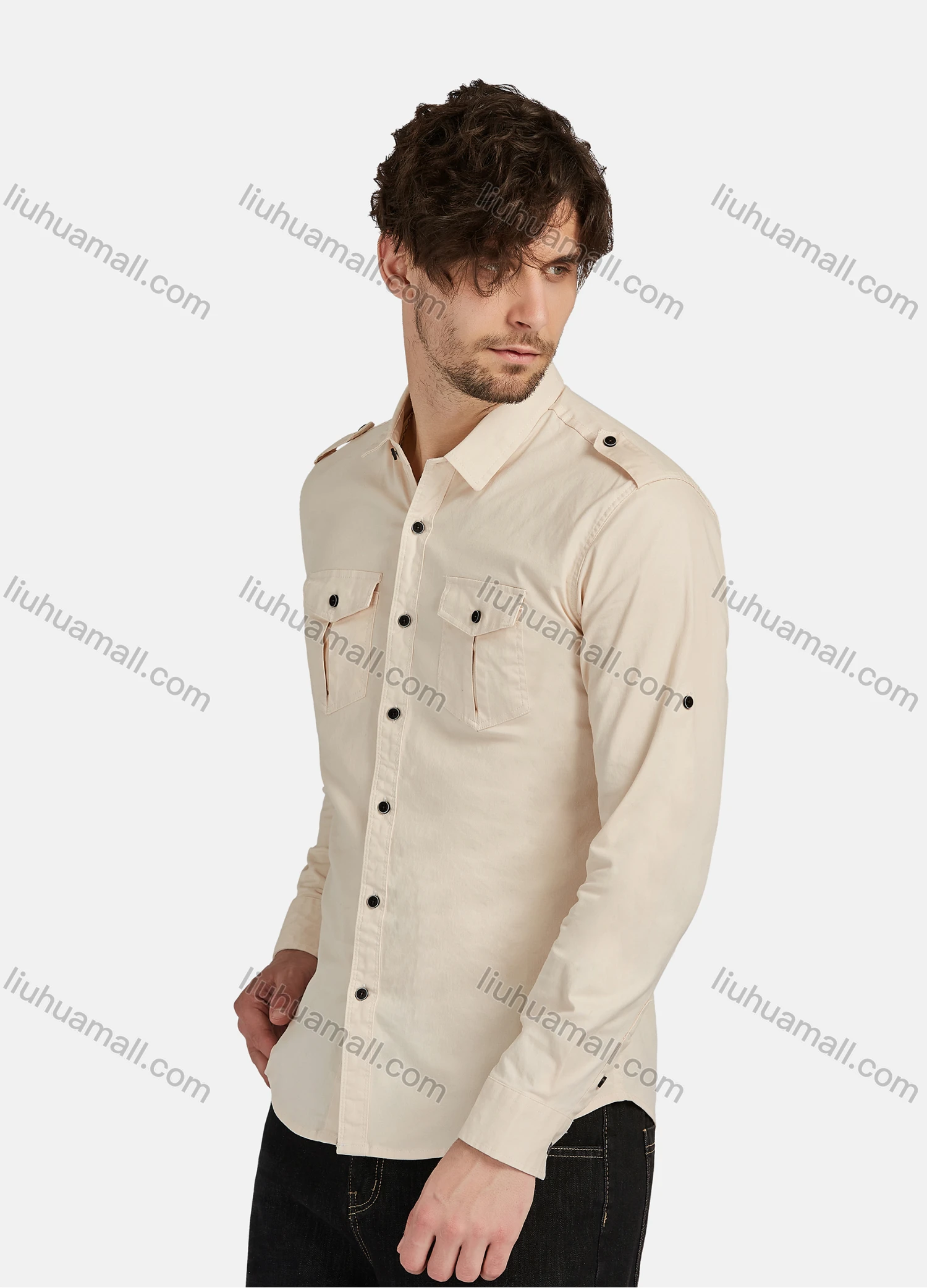 Wholesale Men's Casual Plain 100% Cotton Long Sleeve Button Down Flap Pockets Shirts - Liuhuamall