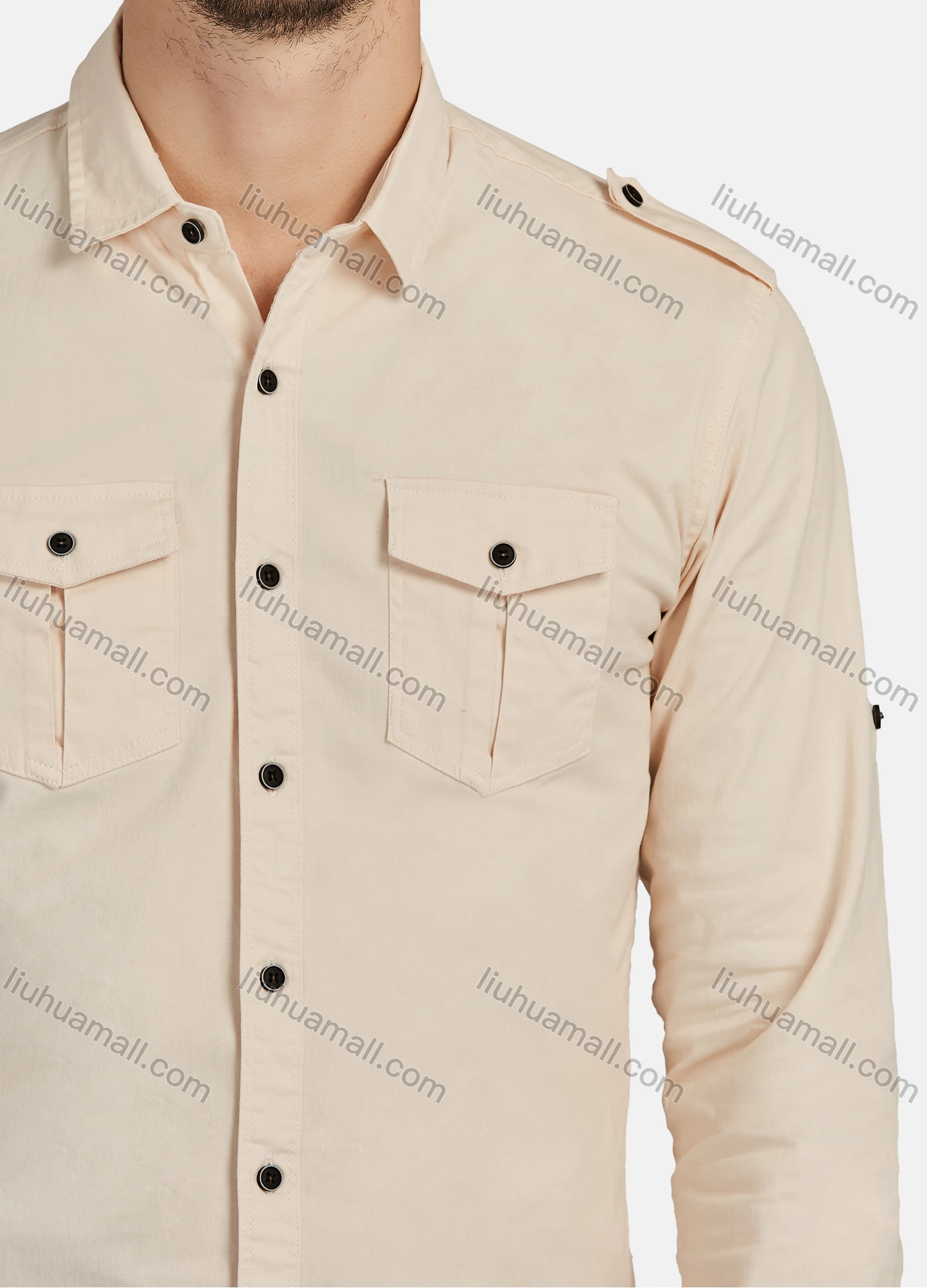 Wholesale Men's Casual Plain 100% Cotton Long Sleeve Button Down Flap Pockets Shirts - Liuhuamall