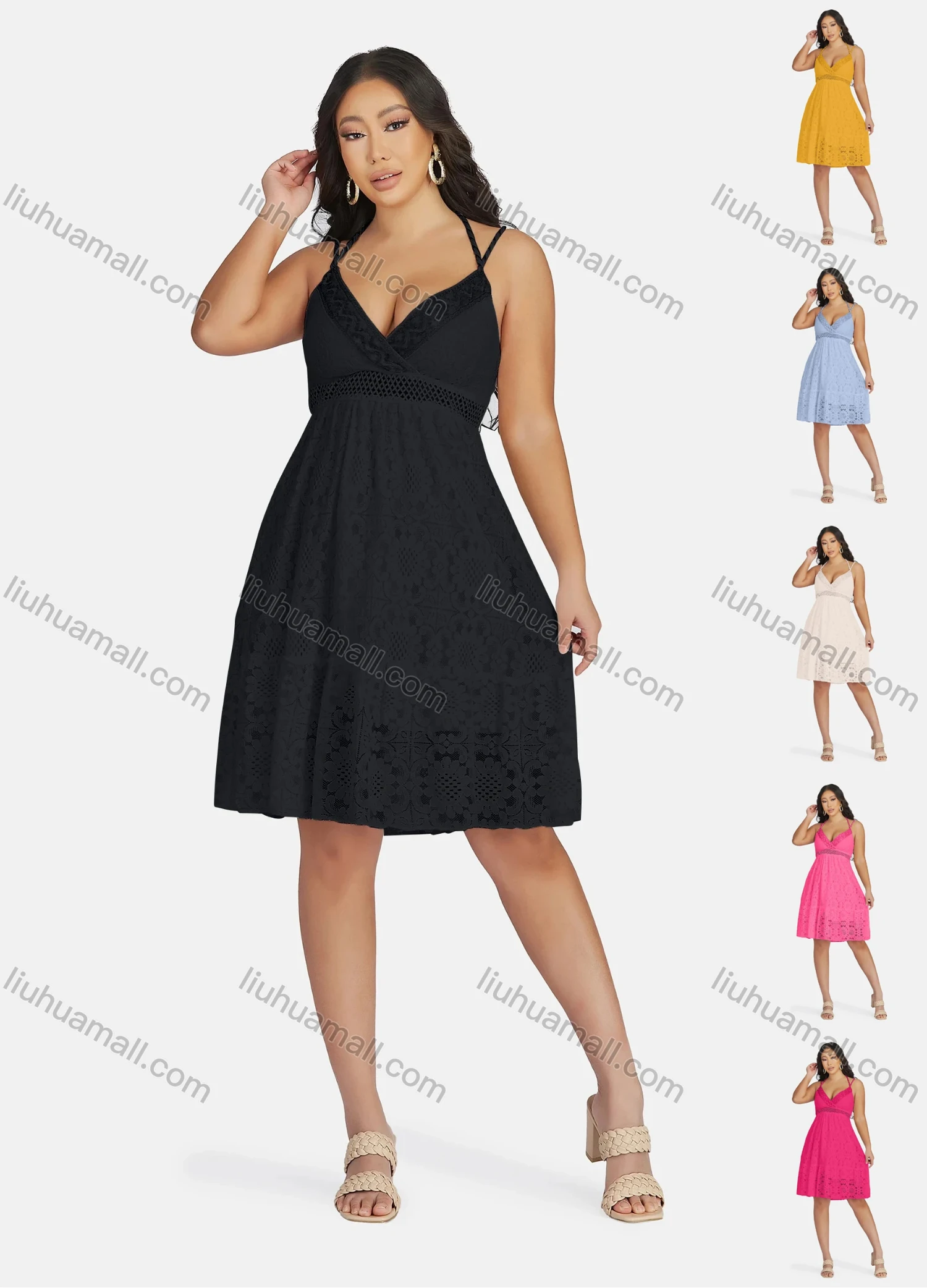 Wholesale Women's Sexy Deep V Neck Hollow Out Guipure Lace Short Cami Dress 6513# - Liuhuamall