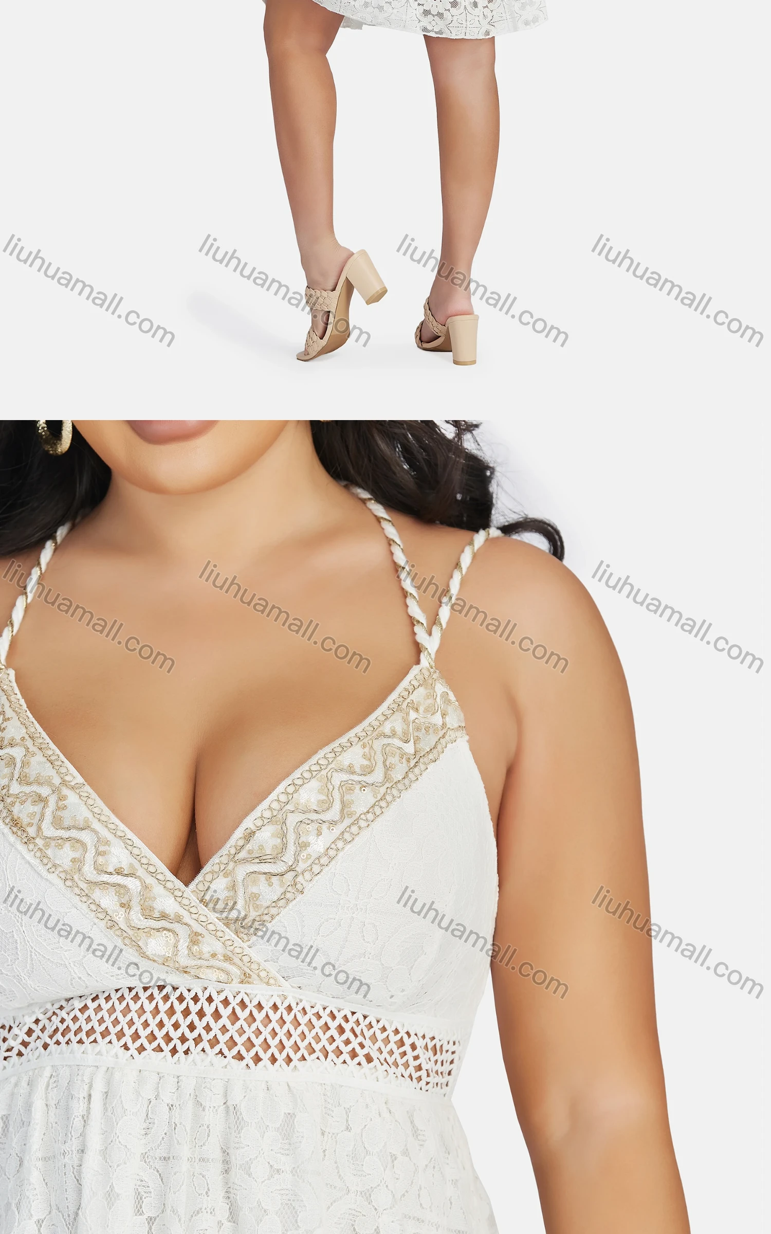 Wholesale Women's Sexy Deep V Neck Hollow Out Guipure Lace Short Cami Dress 6513# - Liuhuamall