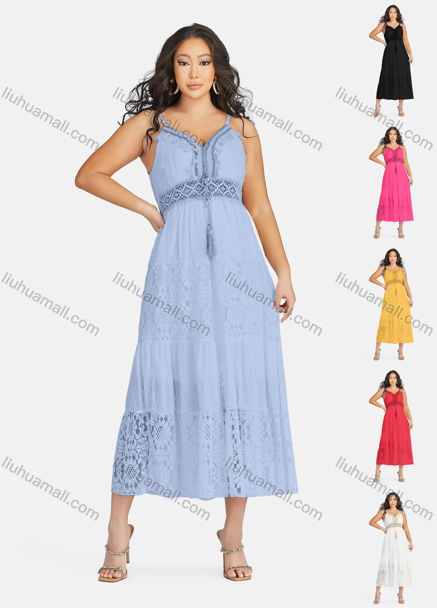 Wholesale Women's Sexy Sweetheart Hollow Out Sleeveless Guipure Lace Tassel Cami Midi Dress 1819# - Liuhuamall