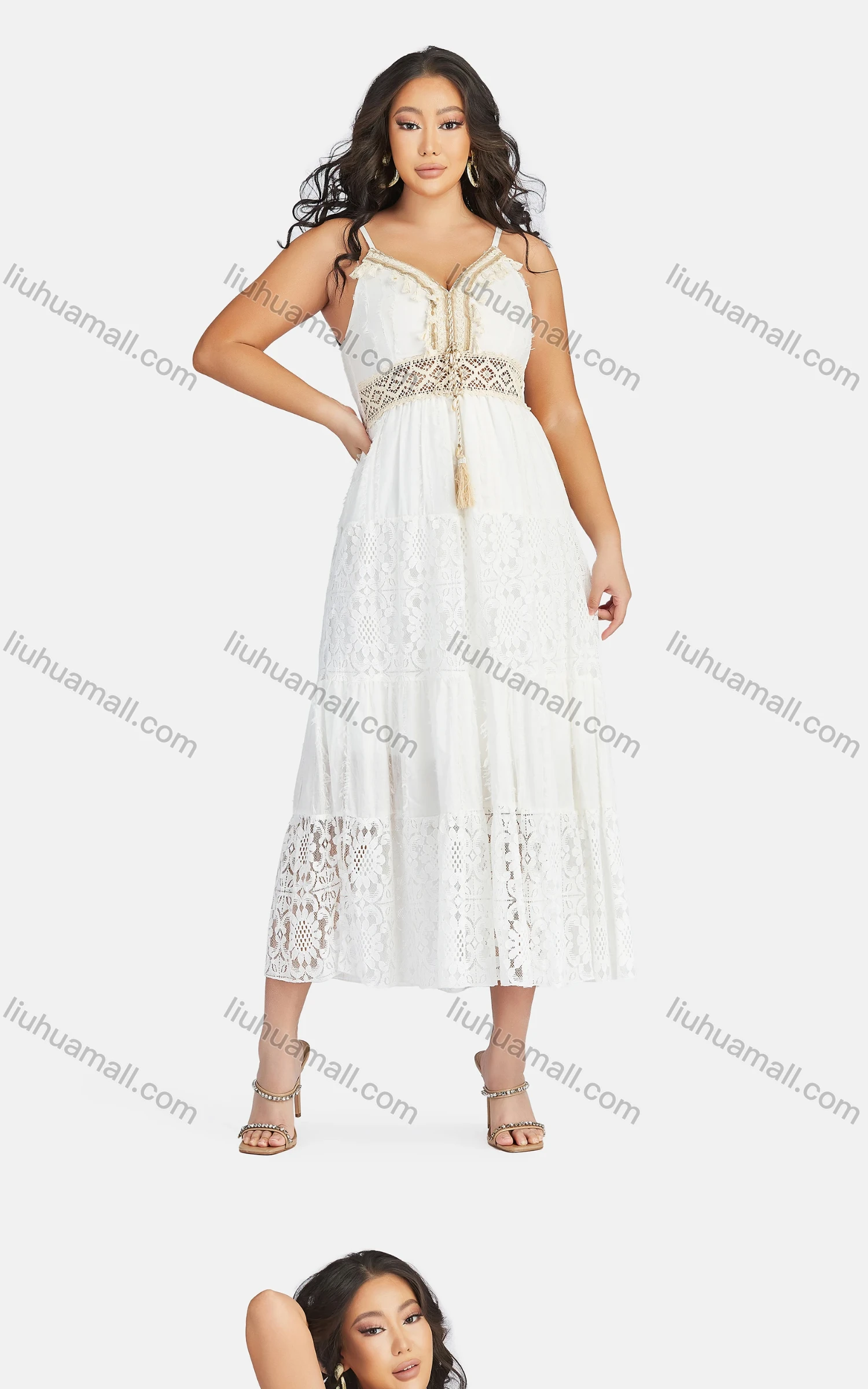 Wholesale Women's Sexy Sweetheart Hollow Out Sleeveless Guipure Lace Tassel Cami Midi Dress 1819# - Liuhuamall