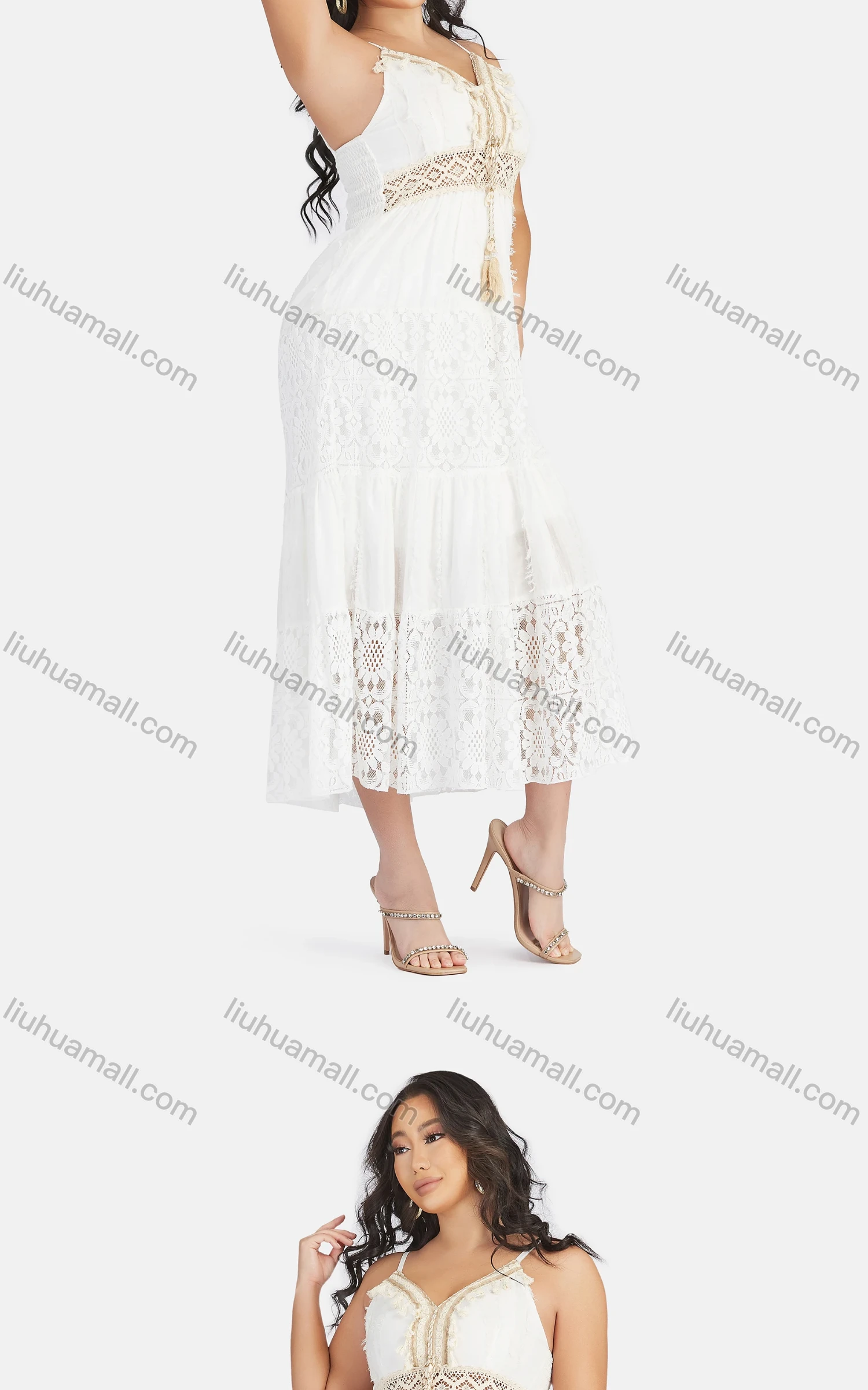 Wholesale Women's Sexy Sweetheart Hollow Out Sleeveless Guipure Lace Tassel Cami Midi Dress 1819# - Liuhuamall