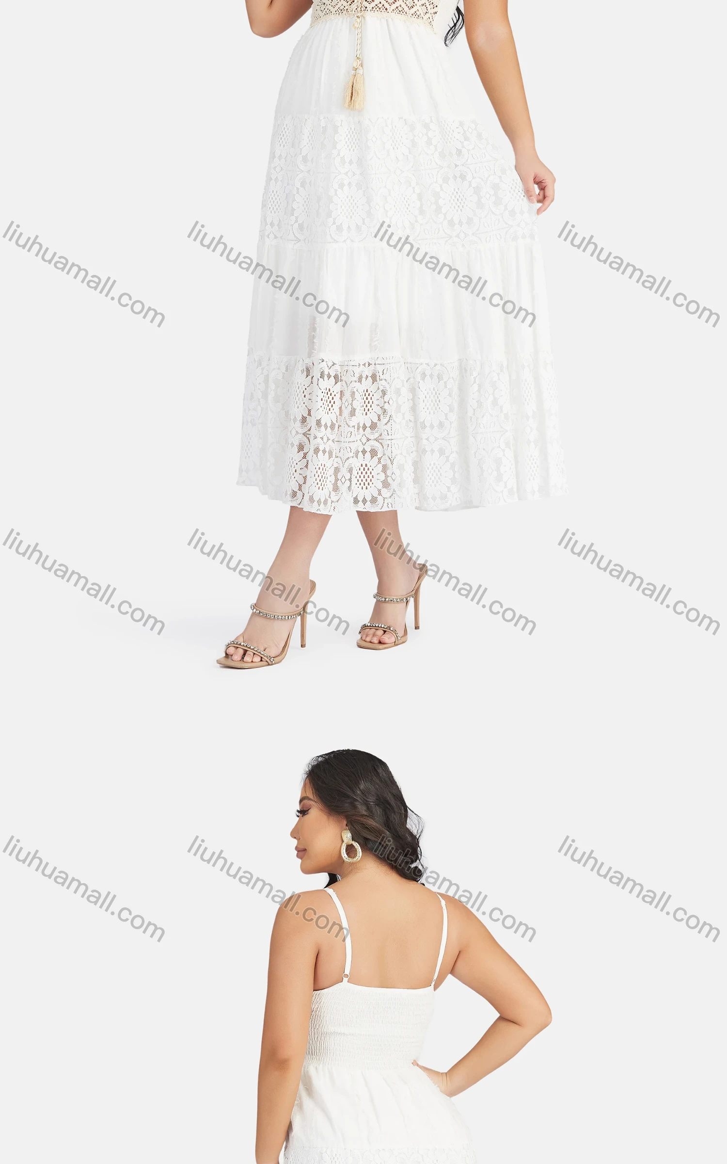 Wholesale Women's Sexy Sweetheart Hollow Out Sleeveless Guipure Lace Tassel Cami Midi Dress 1819# - Liuhuamall
