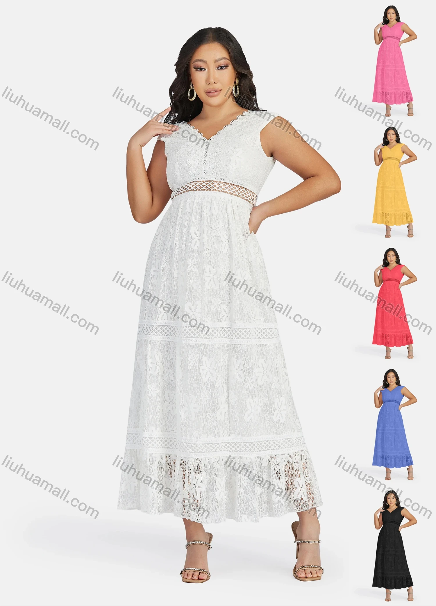 Wholesale Women's Sexy V Neck Hollow Out Guipure Lace Sleeveless Backless Midi Tank Dress 1822# - Liuhuamall