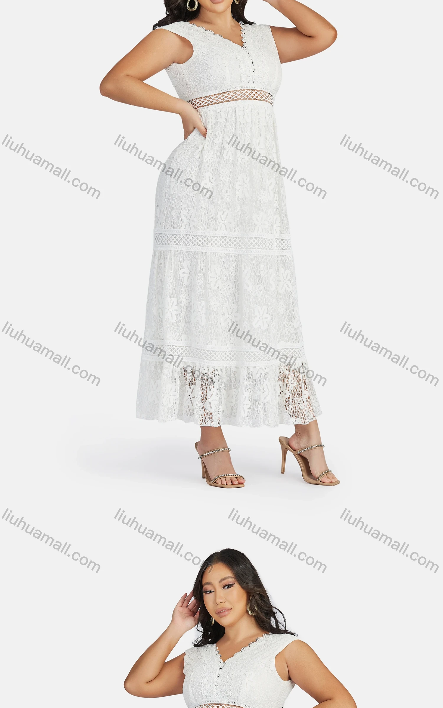 Wholesale Women's Sexy V Neck Hollow Out Guipure Lace Sleeveless Backless Midi Tank Dress 1822# - Liuhuamall