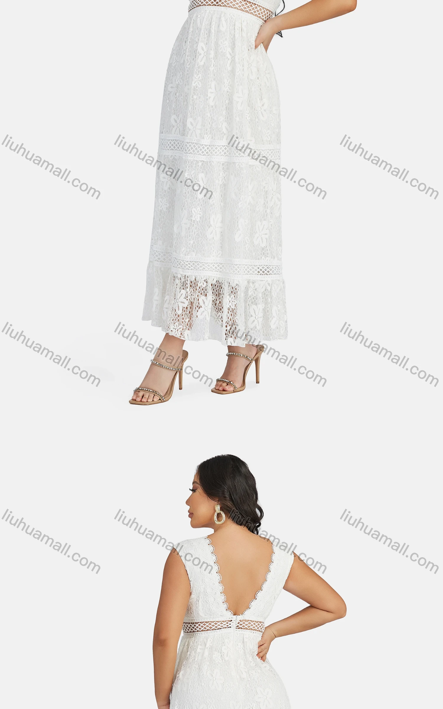 Wholesale Women's Sexy V Neck Hollow Out Guipure Lace Sleeveless Backless Midi Tank Dress 1822# - Liuhuamall