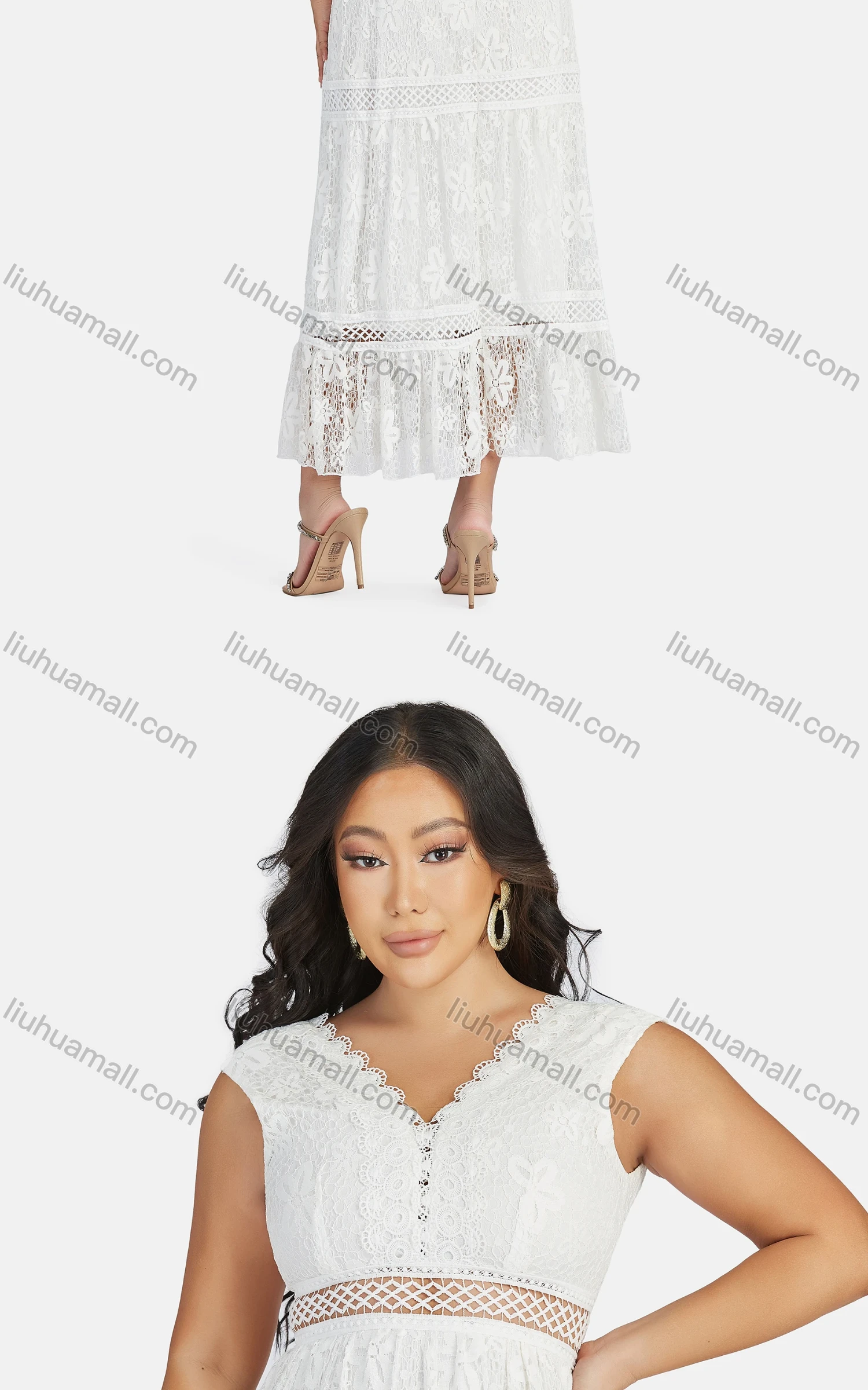 Wholesale Women's Sexy V Neck Hollow Out Guipure Lace Sleeveless Backless Midi Tank Dress 1822# - Liuhuamall