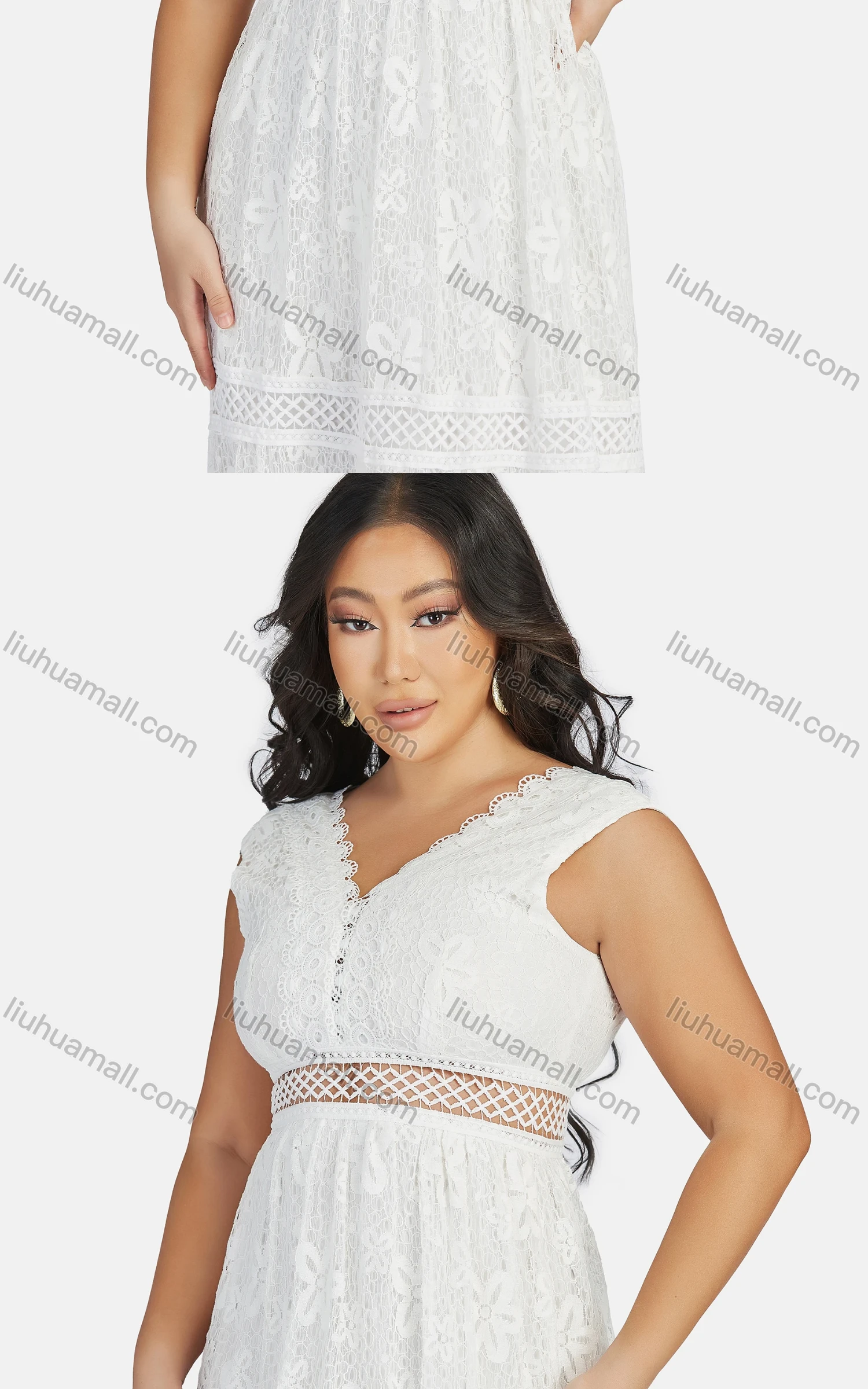 Wholesale Women's Sexy V Neck Hollow Out Guipure Lace Sleeveless Backless Midi Tank Dress 1822# - Liuhuamall